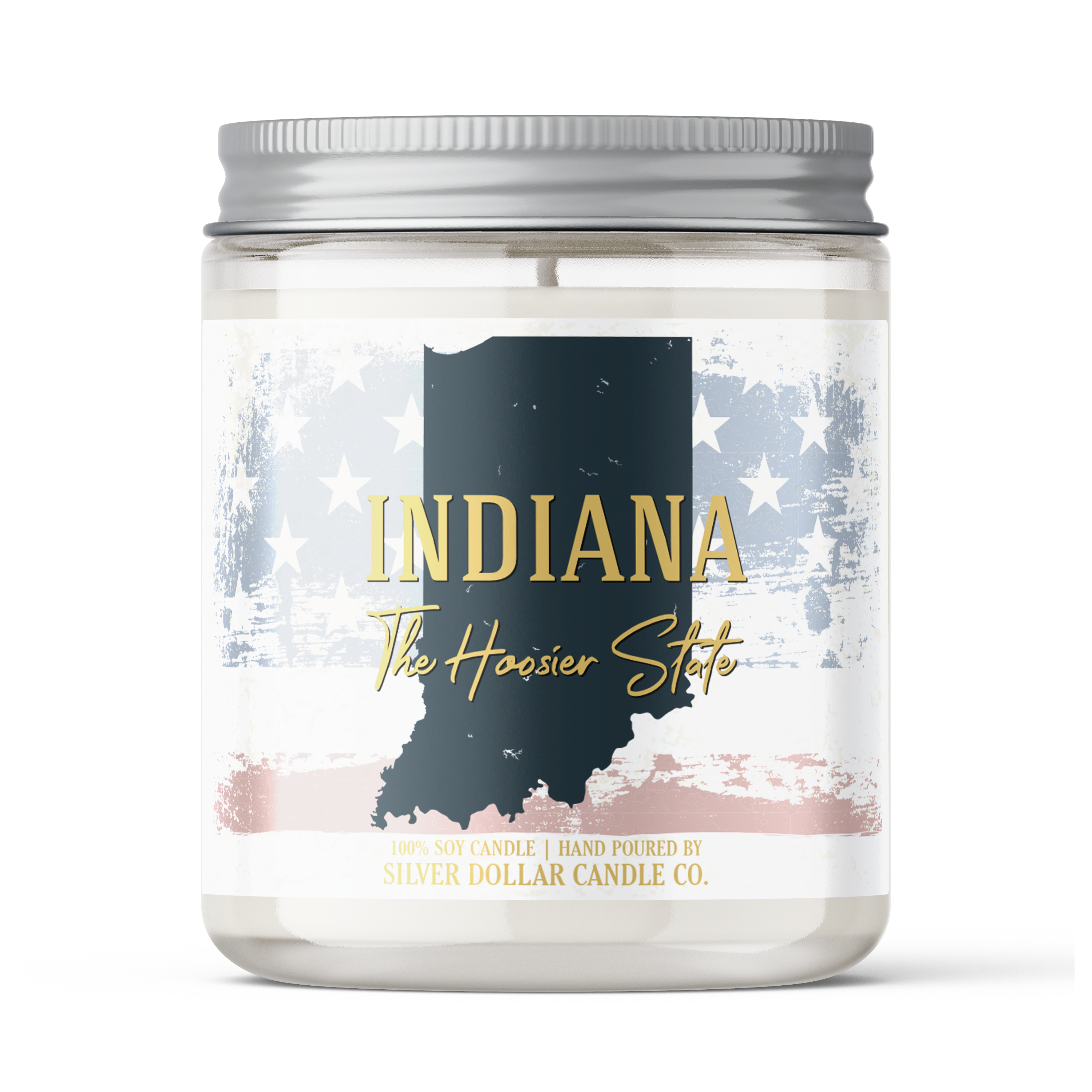 Indiana State Candle, a hand-poured soy candle in a decorative box, showcasing its personalized lid and beautiful fragrance options.