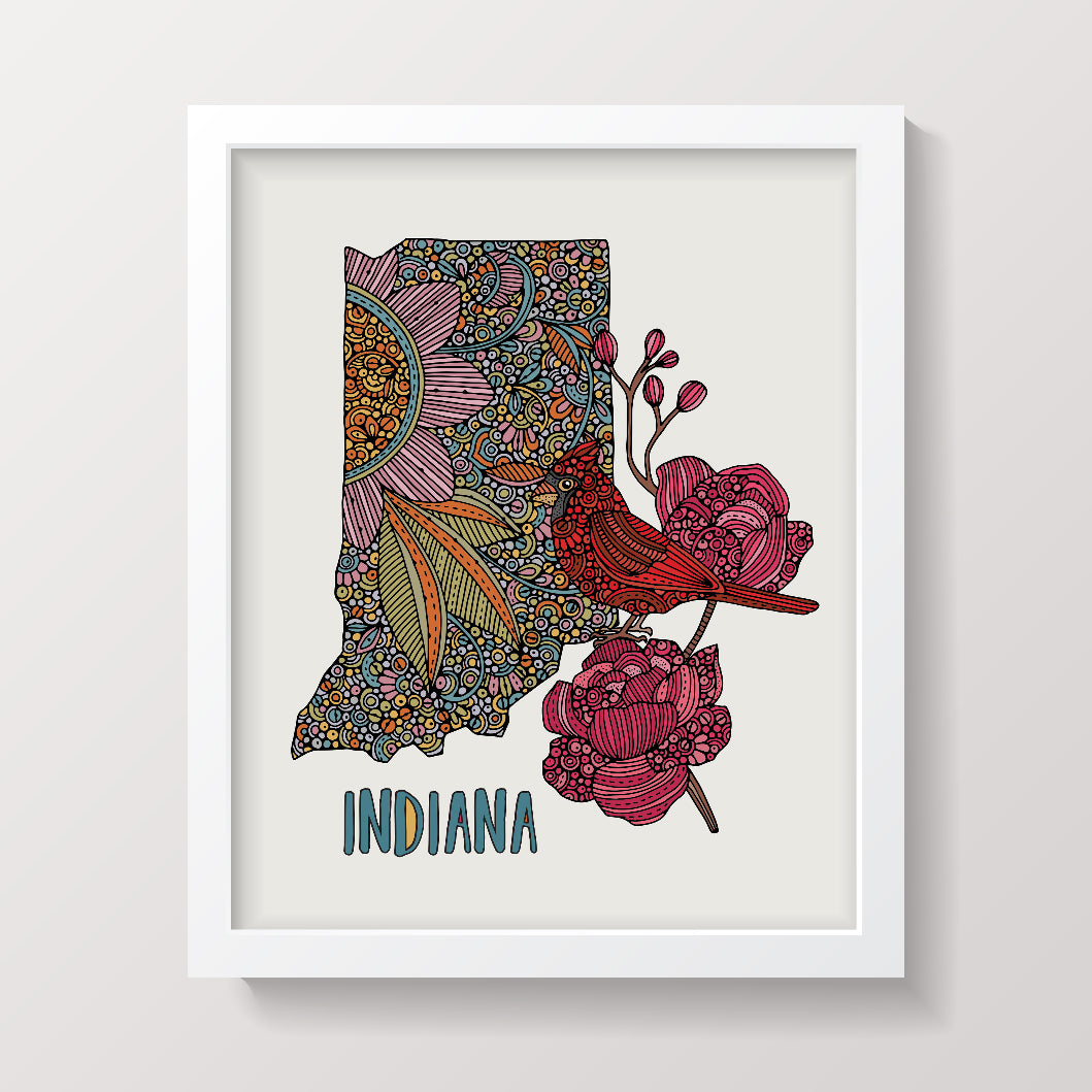 Archival art print of Indiana State Map featuring Cardinal and Peony, detailed pen and ink illustration with digital coloring.