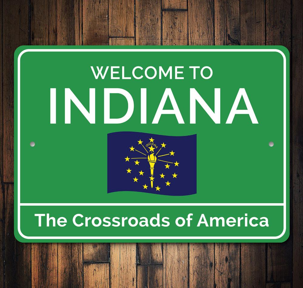 Indiana Welcome Sign made of high-quality aluminum, featuring customizable text and pre-drilled holes for easy mounting.
