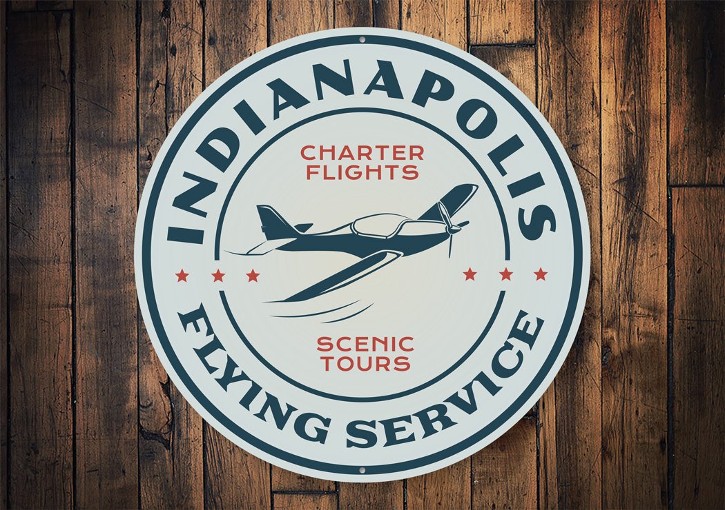 Indianapolis Flying Service Aviation Sign made of high-quality aluminum, featuring customizable text and pre-drilled holes for easy mounting.