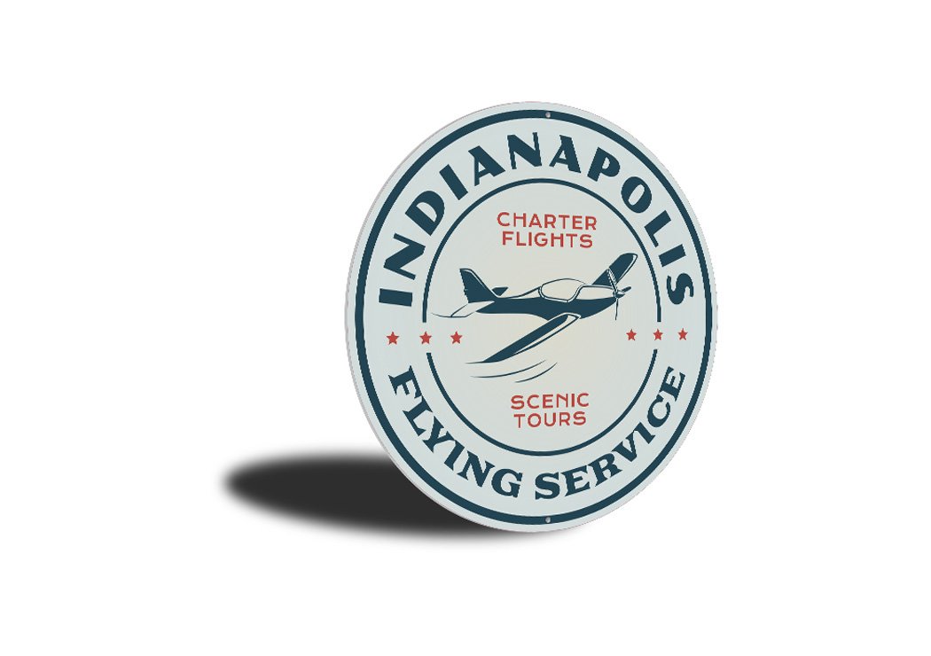 Indianapolis Flying Service Aviation Sign made of high-quality aluminum, featuring customizable text and pre-drilled holes for easy mounting.