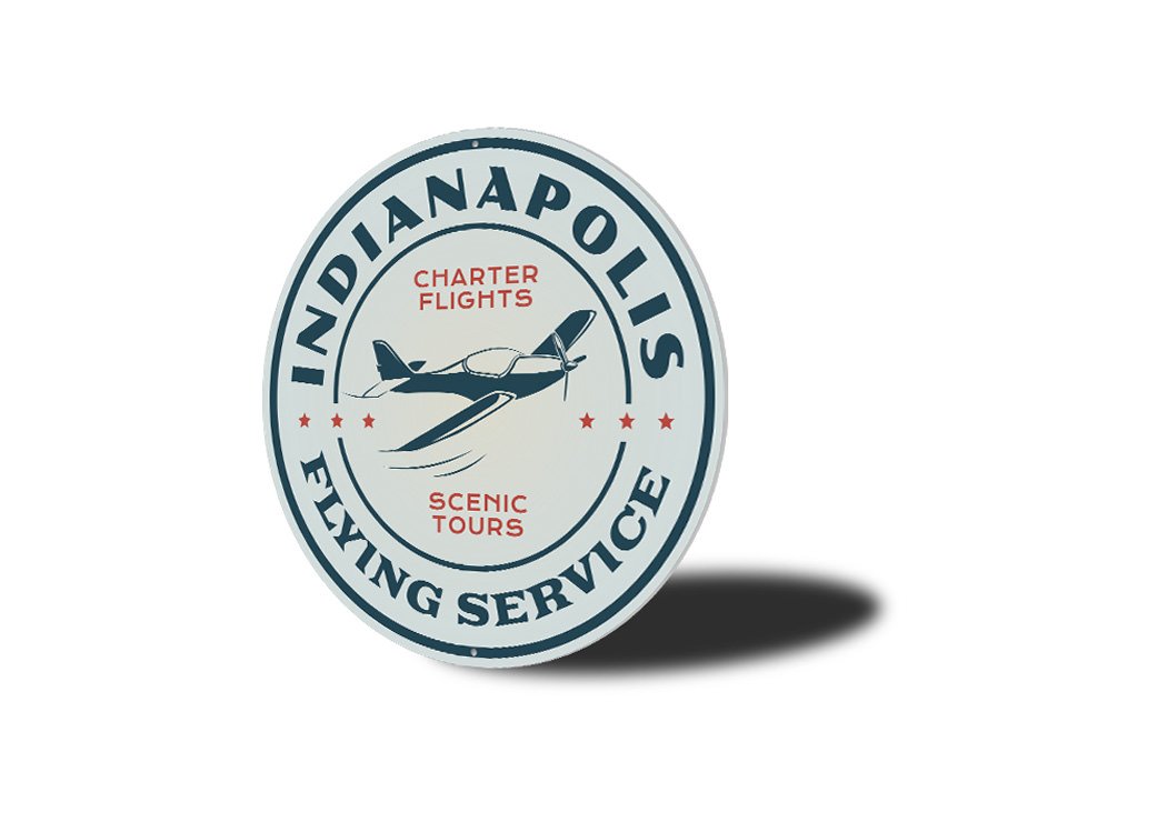 Indianapolis Flying Service Aviation Sign made of high-quality aluminum, featuring customizable text and pre-drilled holes for easy mounting.