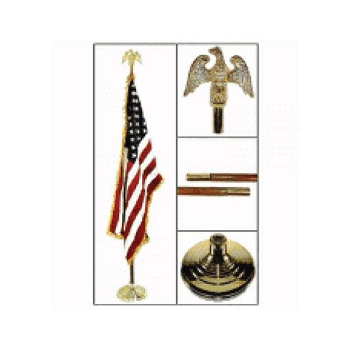 Indoor American Flag and Flag Pole Kit featuring a 3ft x 5ft nylon flag with embroidered stars and sewn stripes, displayed with a decorative pole.