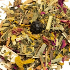 A beautifully packaged box of Infinitea Negative Energy Be Gone herbal tea blend, featuring vibrant herbs and flowers.