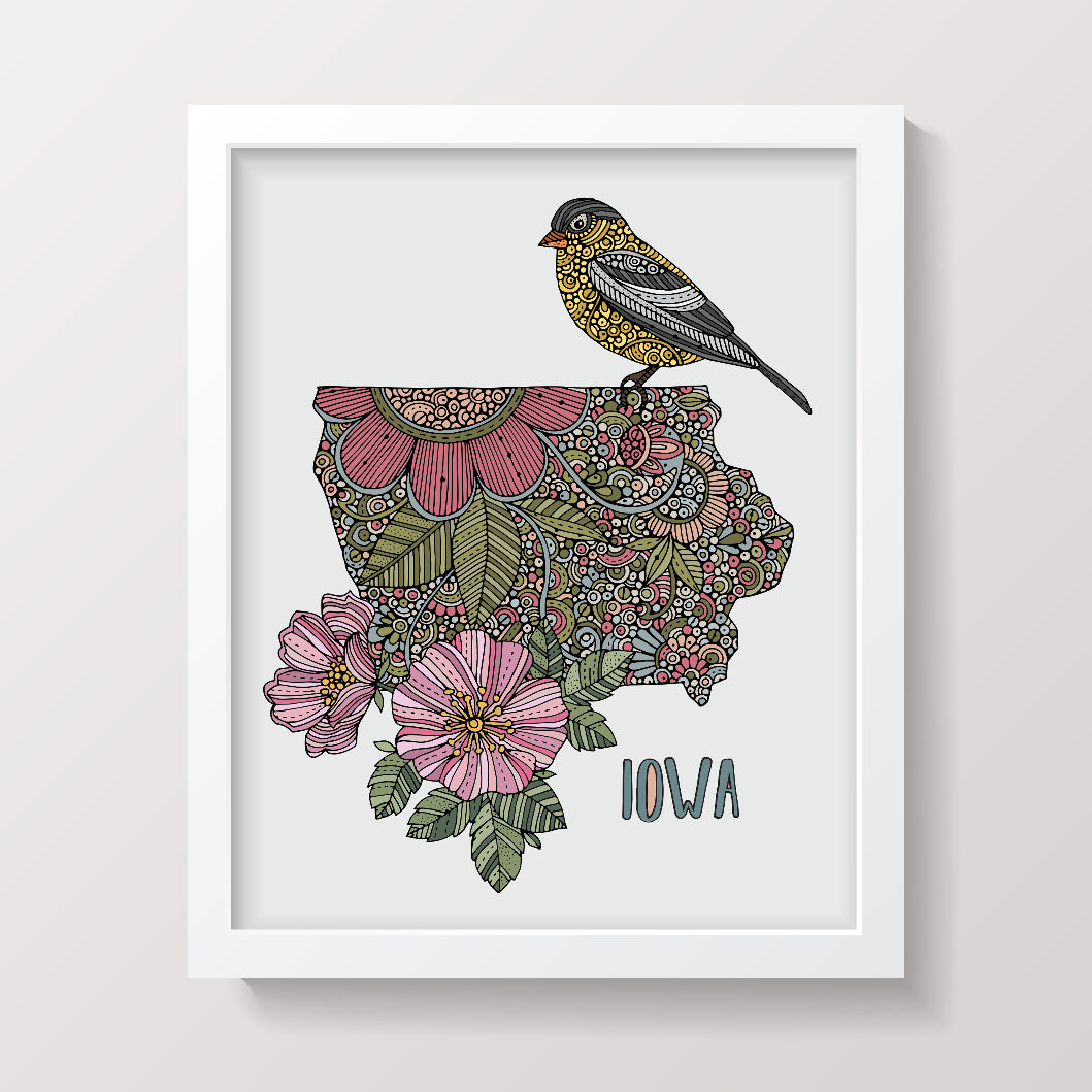Iowa State Map art print featuring Eastern Goldfinch and state flower, vibrant colors on matte cardstock.