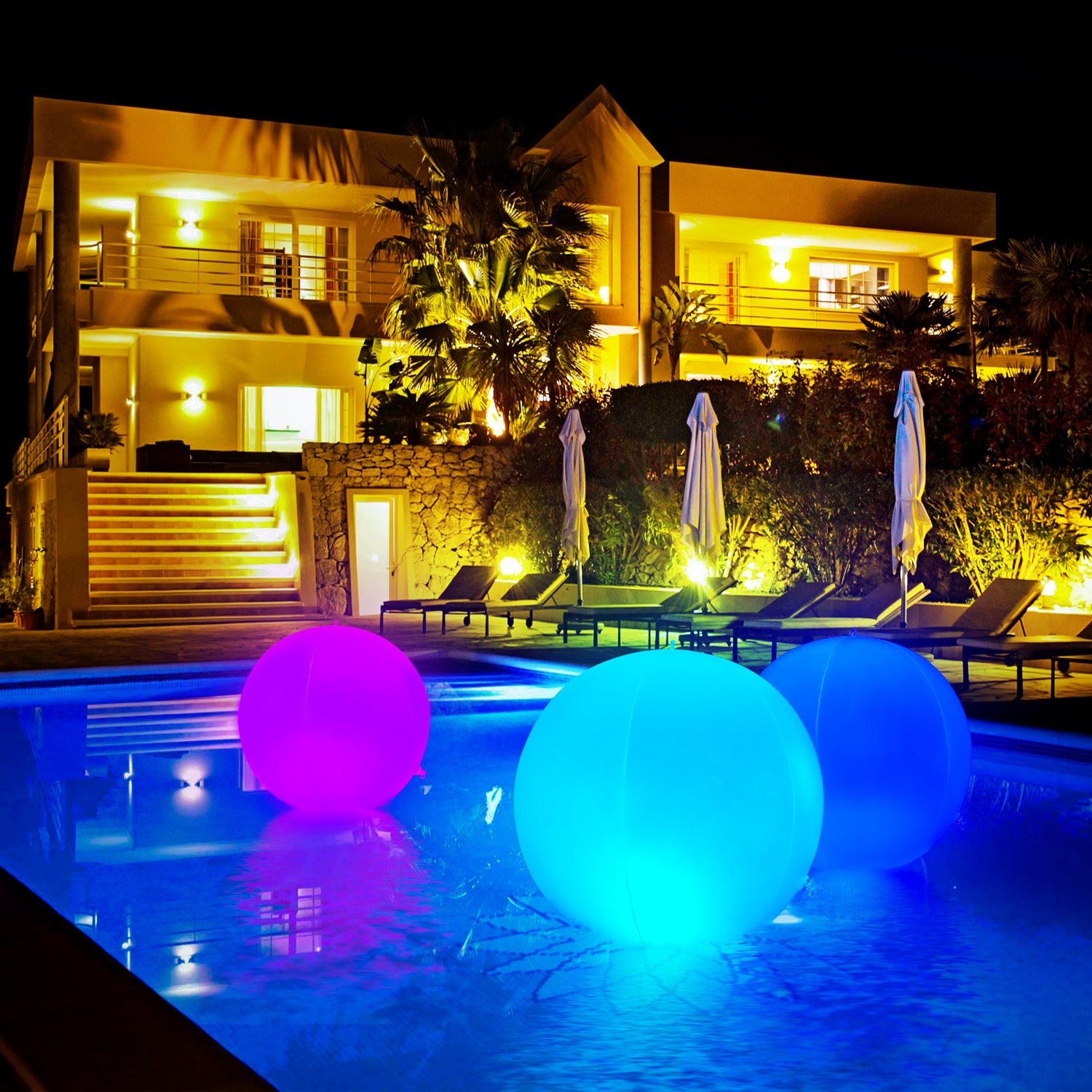 IP68 Waterproof Floating LED Beach Ball with vibrant RGB lights and RF remote control, designed for pool and garden use.