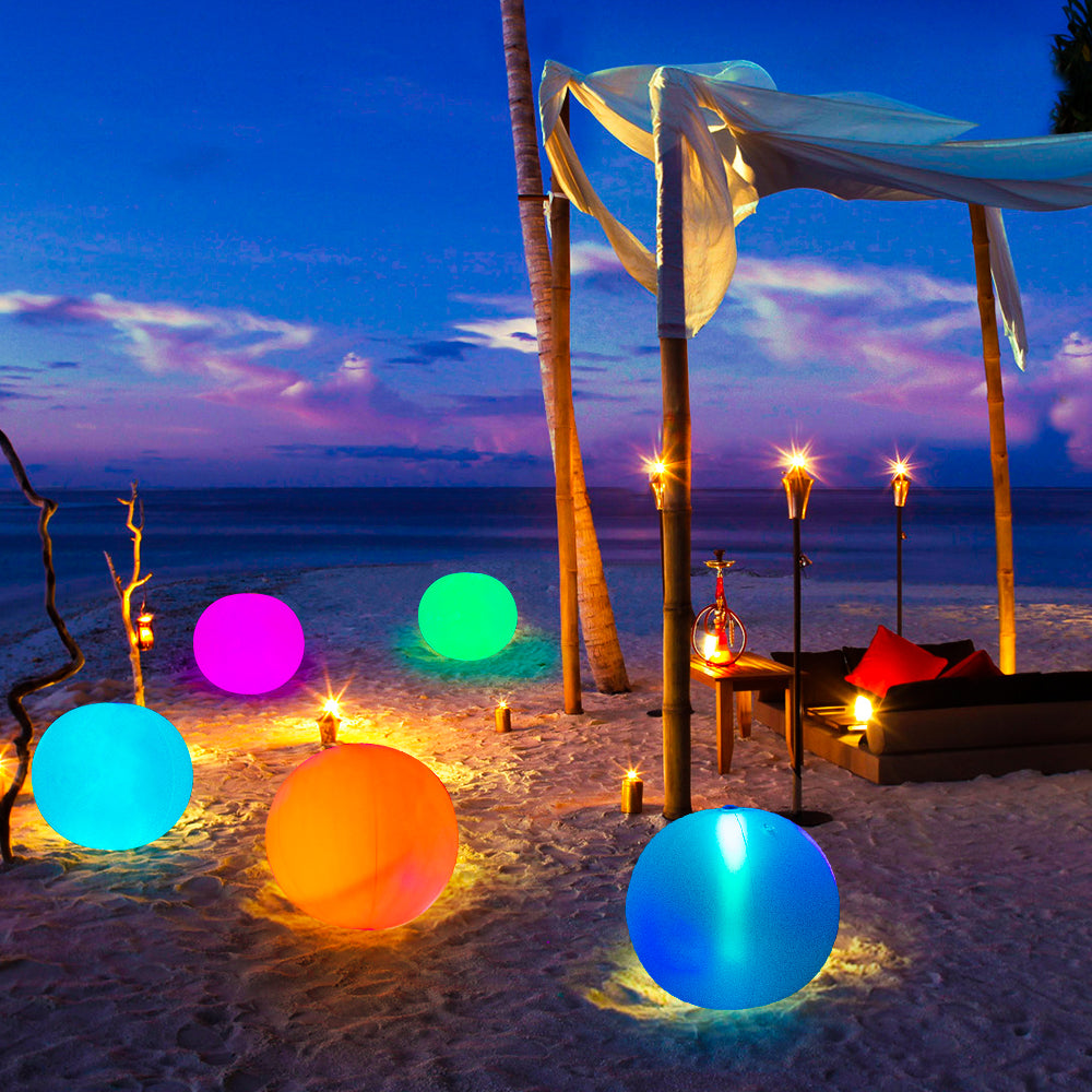 IP68 Waterproof Floating LED Beach Ball with vibrant RGB lights and RF remote control, designed for pool and garden use.