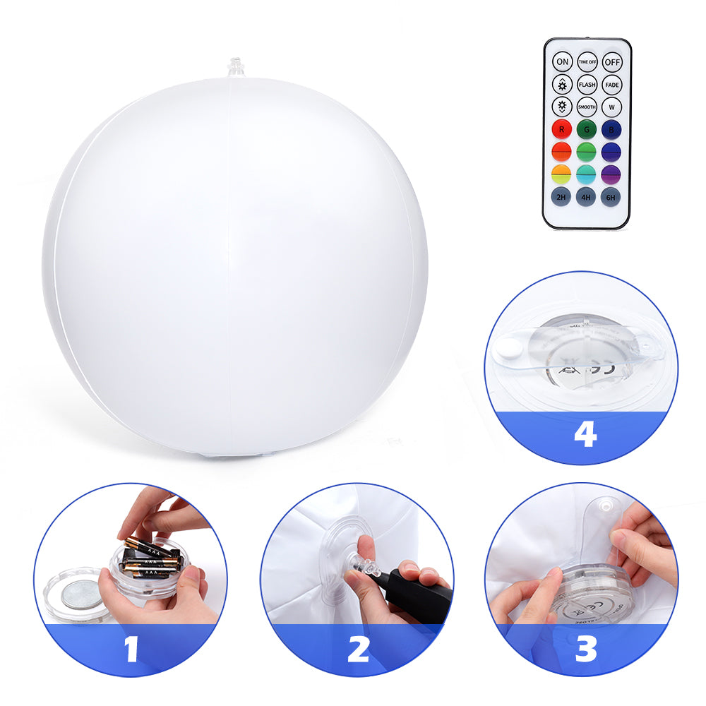 IP68 Waterproof Floating LED Beach Ball with vibrant RGB lights and RF remote control, designed for pool and garden use.
