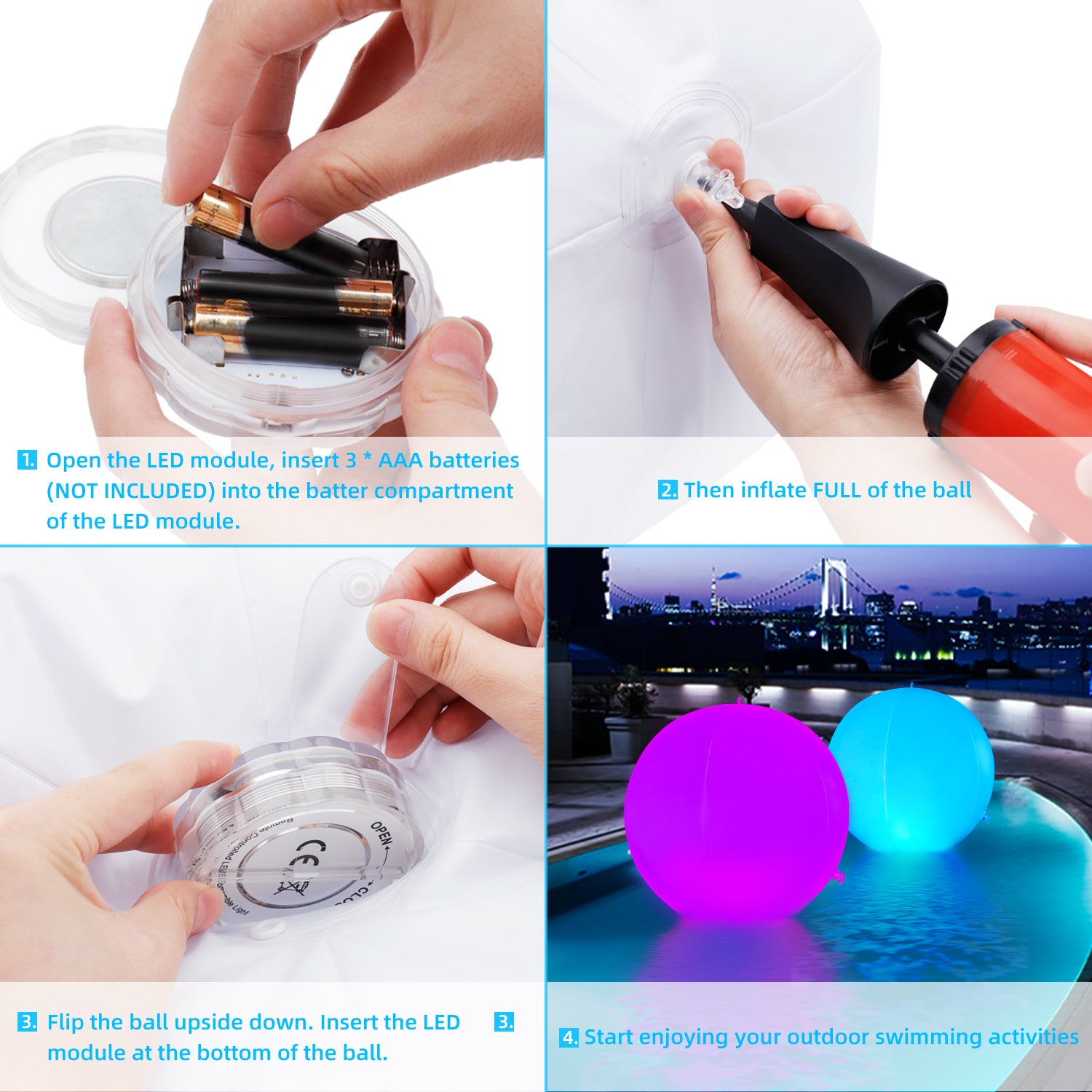 IP68 Waterproof Floating LED Beach Ball with vibrant RGB lights and RF remote control, designed for pool and garden use.