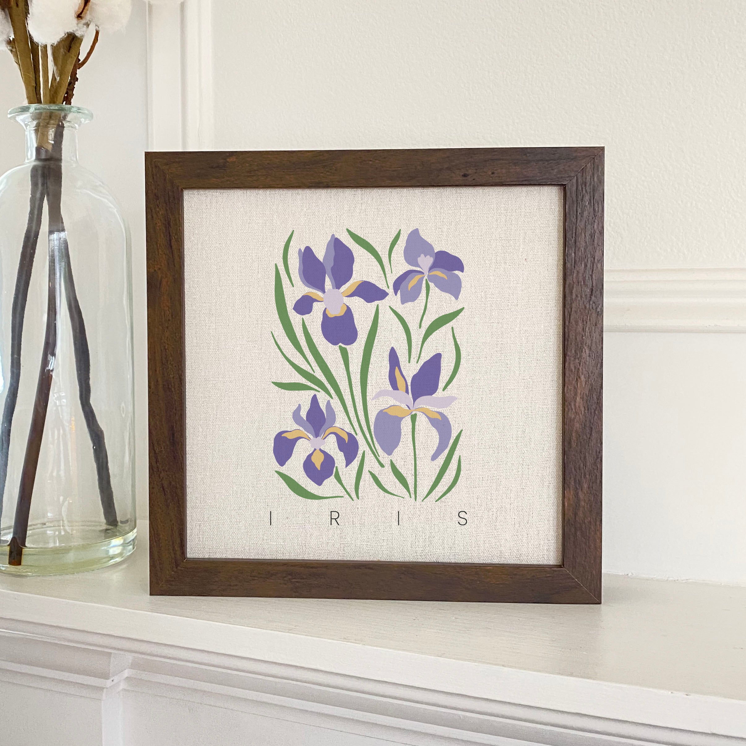 Iris Garden Edition Framed Sign with a wood frame and linen-look background, perfect for home and garden decor.