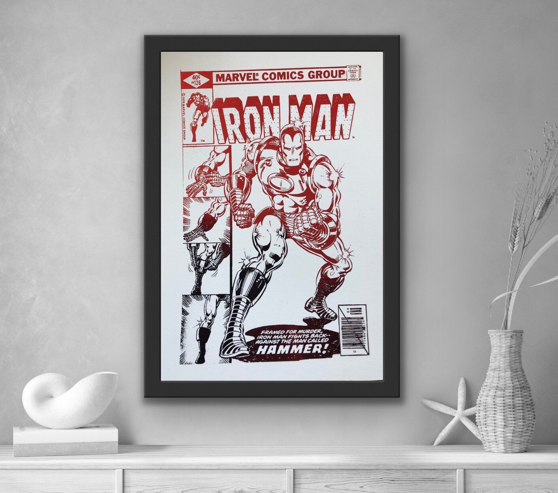 Iron Man comic cover foil print featuring a dynamic design with metallic finish, perfect for wall decor.