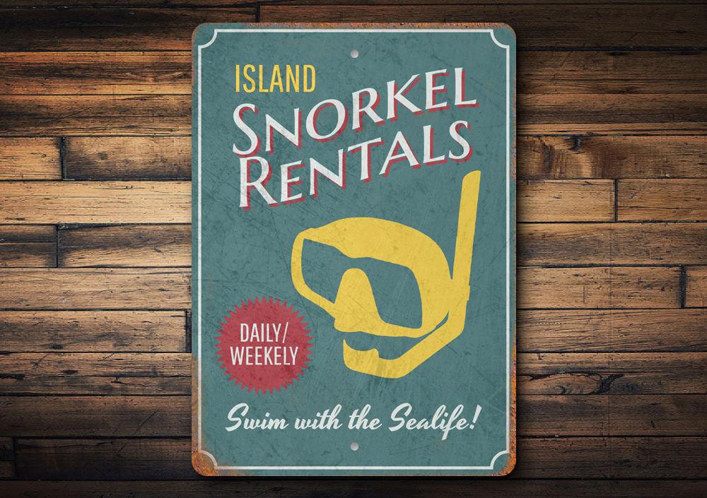 A vibrant Island Snorkel Rentals Sign made of high-quality aluminum, featuring beach-themed graphics, perfect for coastal decor.