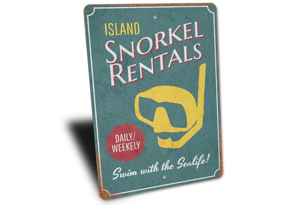A vibrant Island Snorkel Rentals Sign made of high-quality aluminum, featuring beach-themed graphics, perfect for coastal decor.