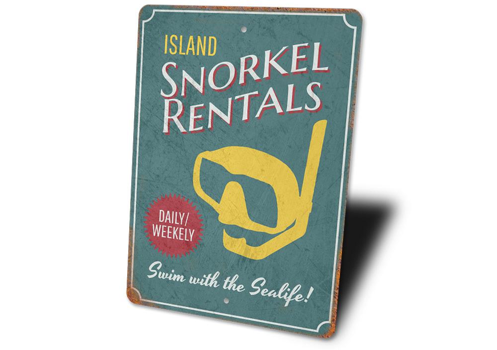 A vibrant Island Snorkel Rentals Sign made of high-quality aluminum, featuring beach-themed graphics, perfect for coastal decor.