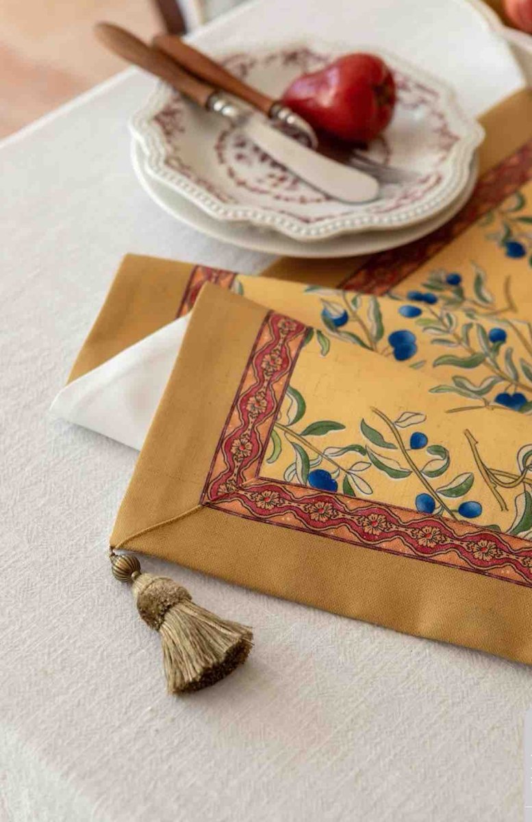 Elegant Italian floral decorative table runner with vibrant prints and handmade tassels, perfect for enhancing dining decor.