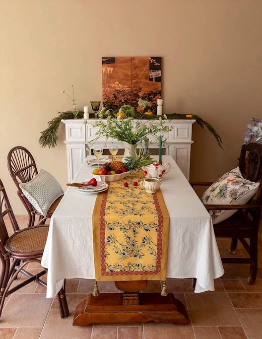 Elegant Italian floral decorative table runner with vibrant prints and handmade tassels, perfect for enhancing dining decor.