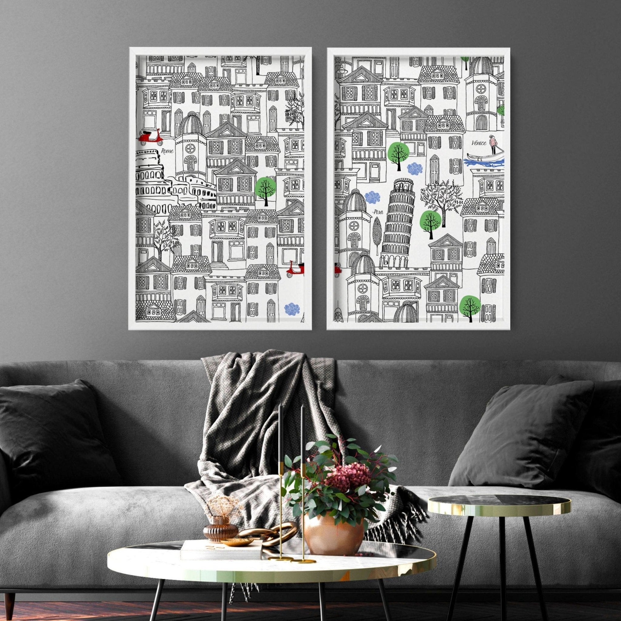 Set of 2 vibrant Italy wall art travel posters featuring iconic landmarks in warm colors, perfect for home decor.