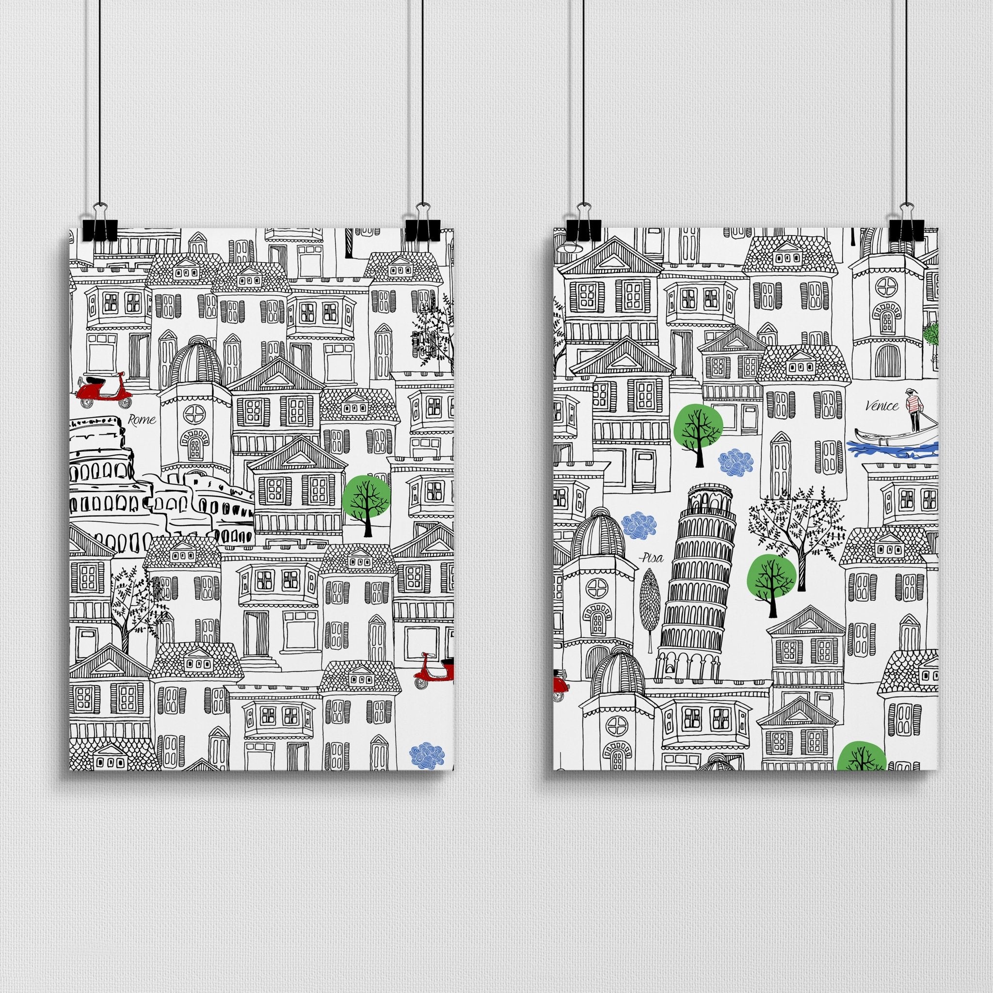 Set of 2 vibrant Italy wall art travel posters featuring iconic landmarks in warm colors, perfect for home decor.