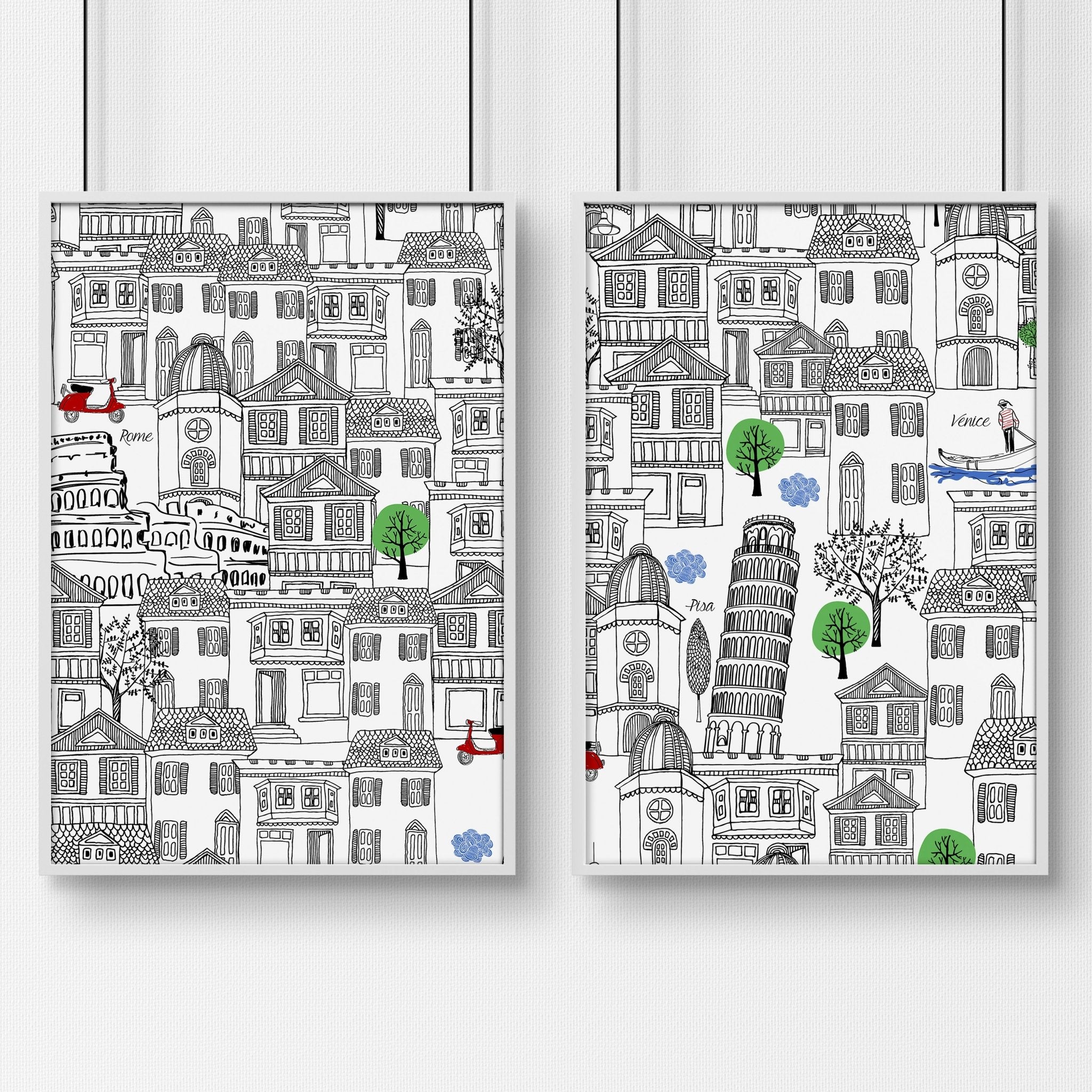 Set of 2 vibrant Italy wall art travel posters featuring iconic landmarks in warm colors, perfect for home decor.