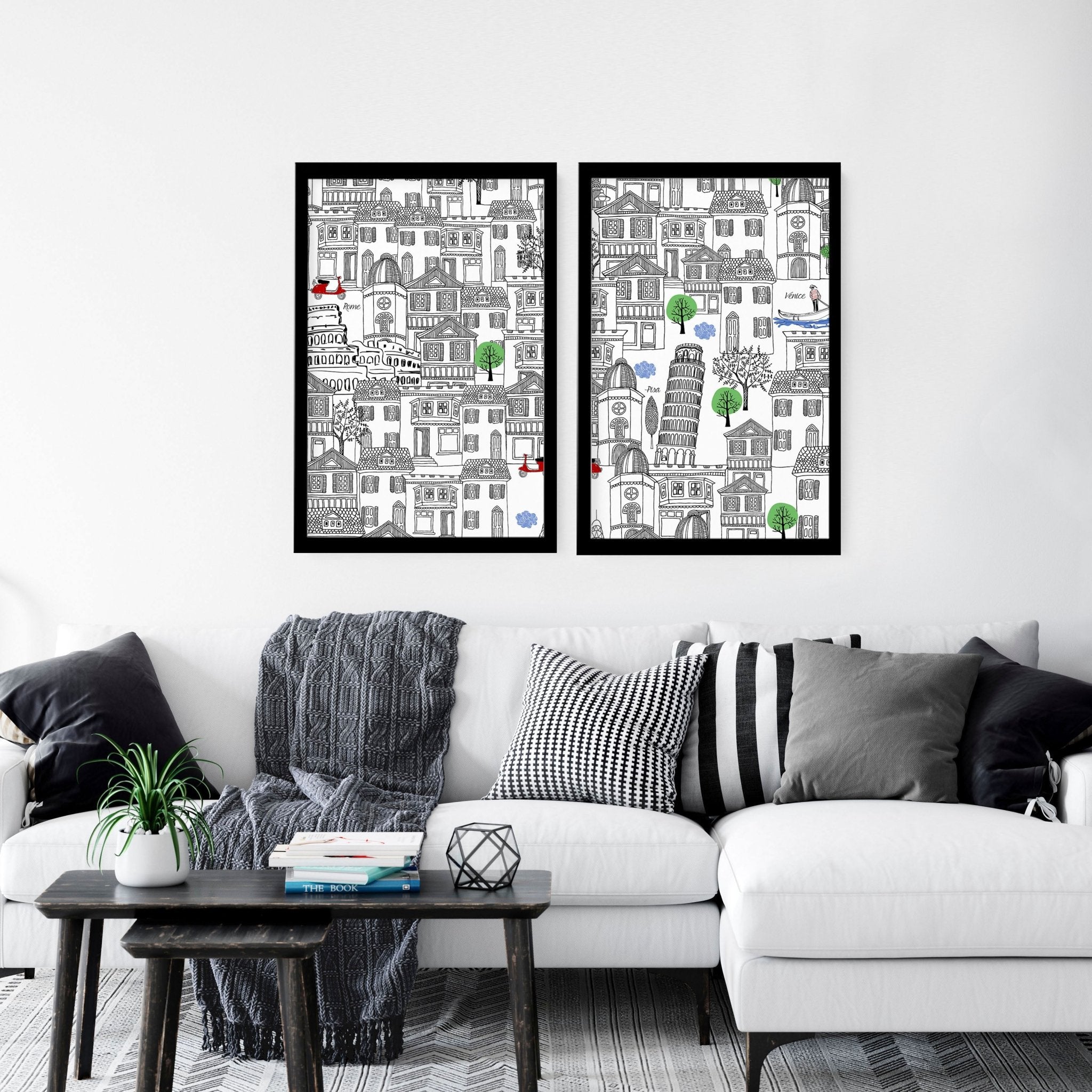 Set of 2 vibrant Italy wall art travel posters featuring iconic landmarks in warm colors, perfect for home decor.