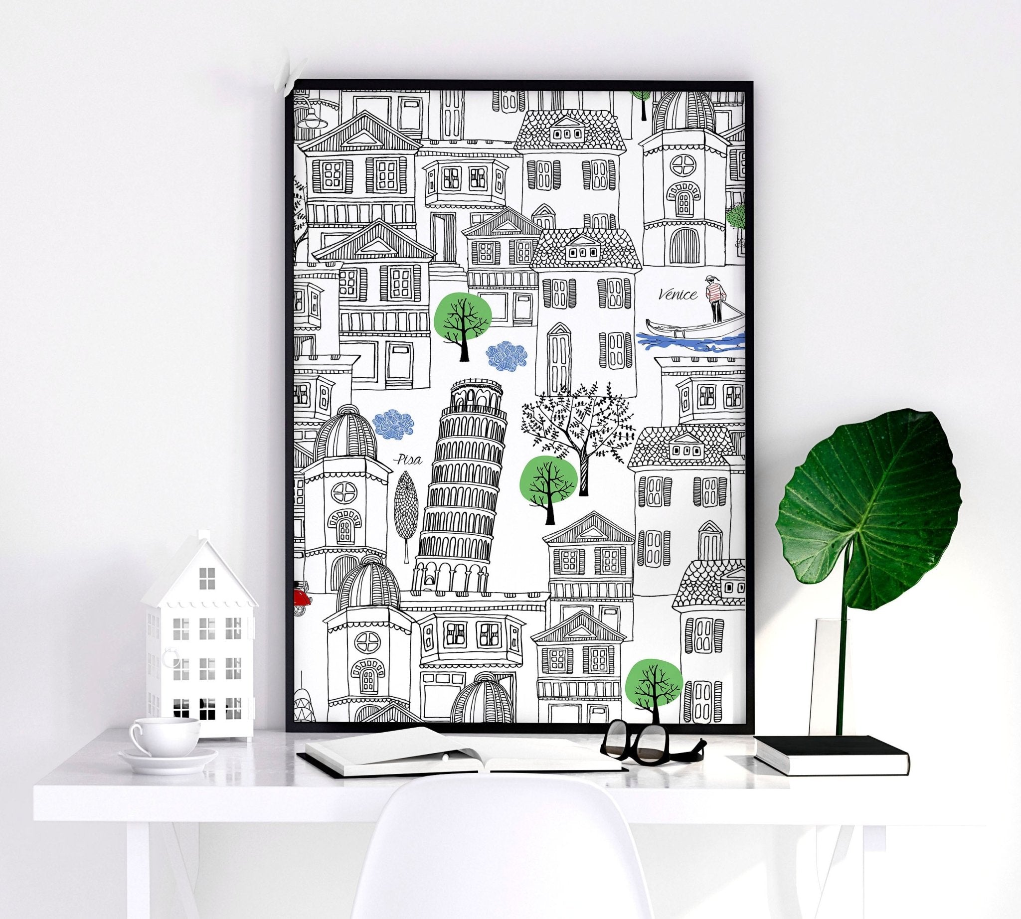 Set of 2 vibrant Italy wall art travel posters featuring iconic landmarks in warm colors, perfect for home decor.