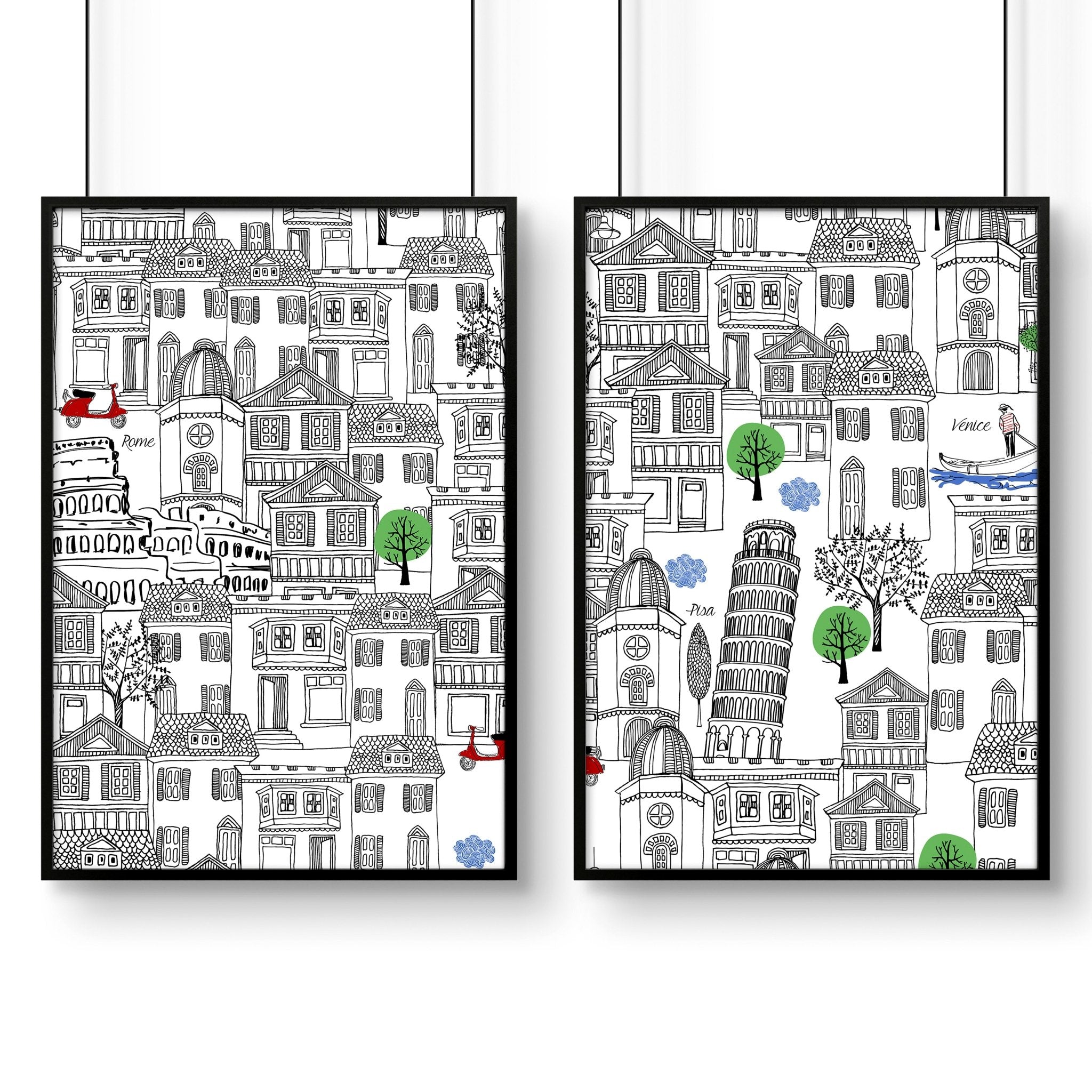 Set of 2 vibrant Italy wall art travel posters featuring iconic landmarks in warm colors, perfect for home decor.