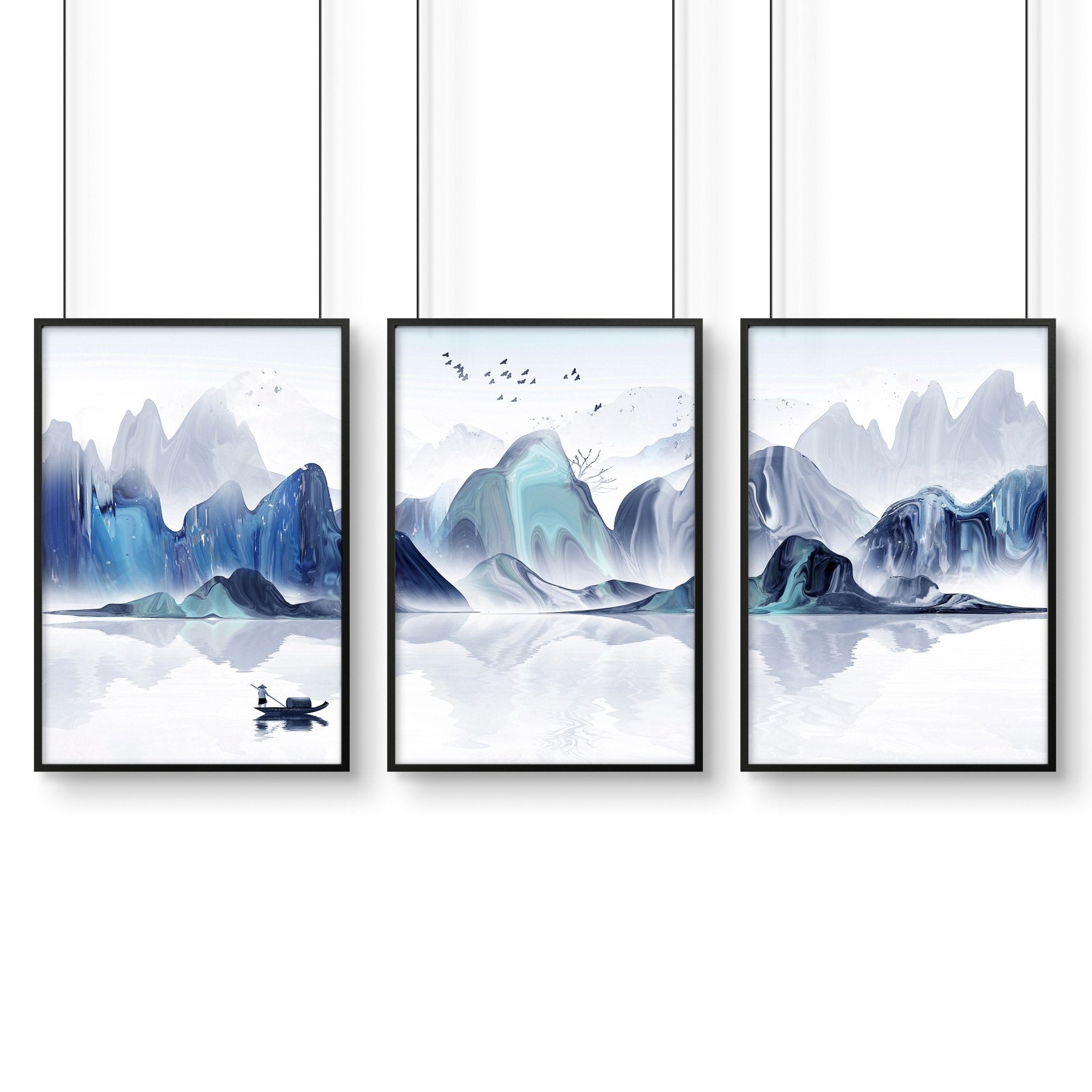 Set of 3 Japanese landscape art prints featuring serene teal and blue hues, showcasing tranquil nature scenes for a calming home decor.