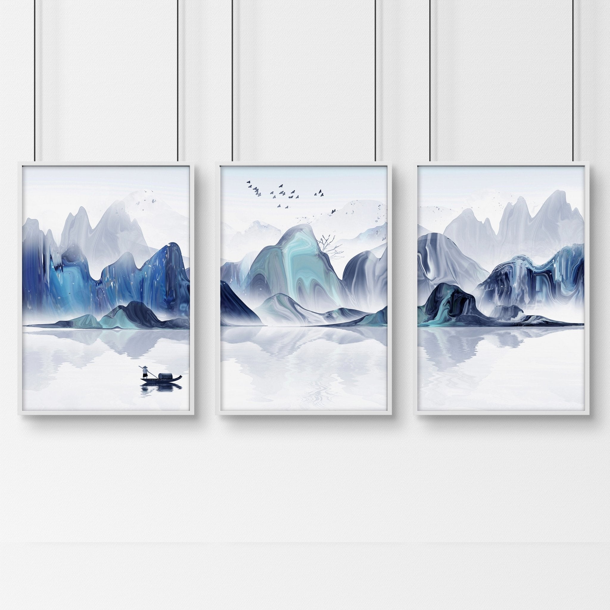 Set of 3 Japanese landscape art prints featuring serene teal and blue hues, showcasing tranquil nature scenes for a calming home decor.