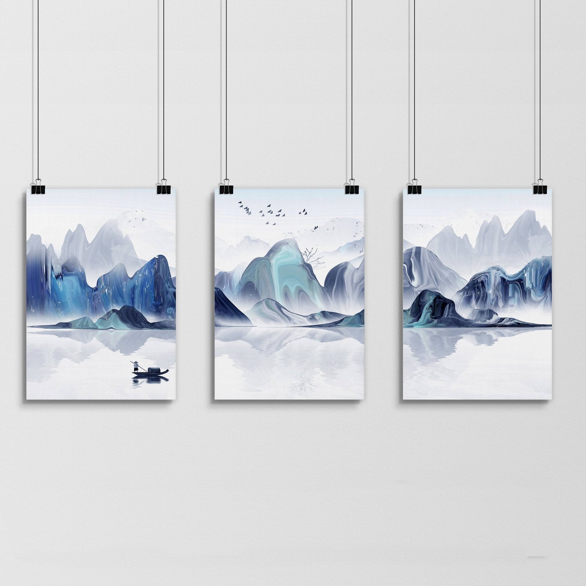 Set of 3 Japanese landscape art prints featuring serene teal and blue hues, showcasing tranquil nature scenes for a calming home decor.