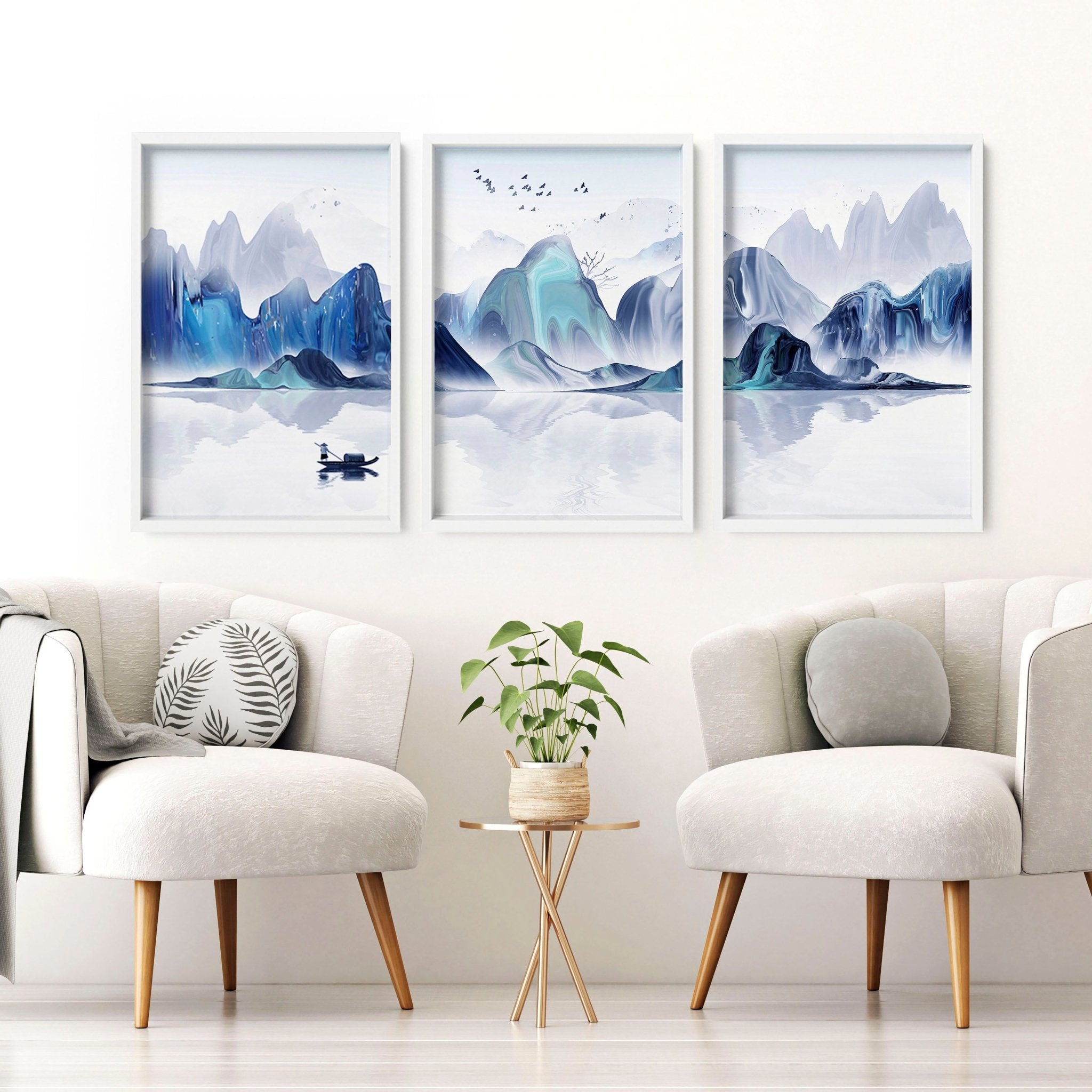 Set of 3 Japanese landscape art prints featuring serene teal and blue hues, showcasing tranquil nature scenes for a calming home decor.