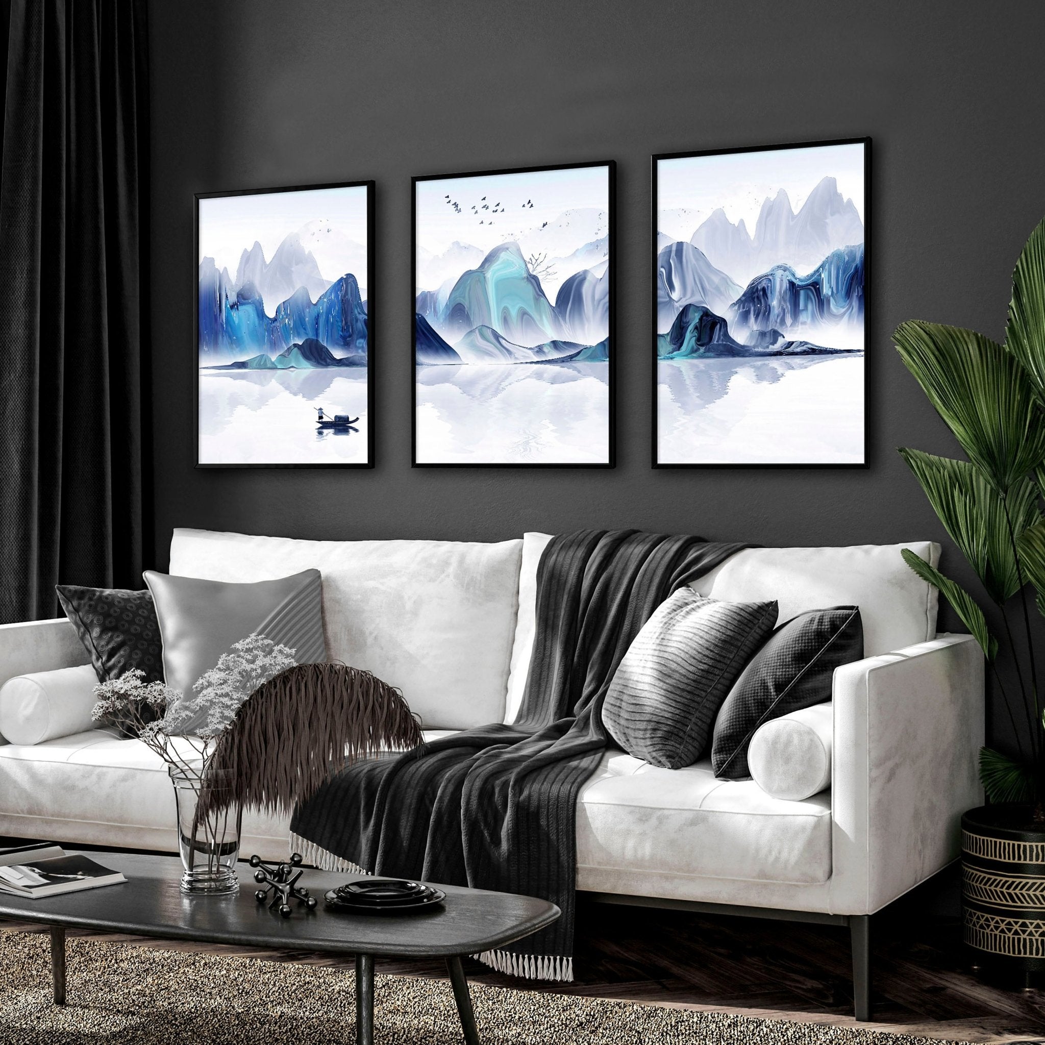 Set of 3 Japanese landscape art prints featuring serene teal and blue hues, showcasing tranquil nature scenes for a calming home decor.