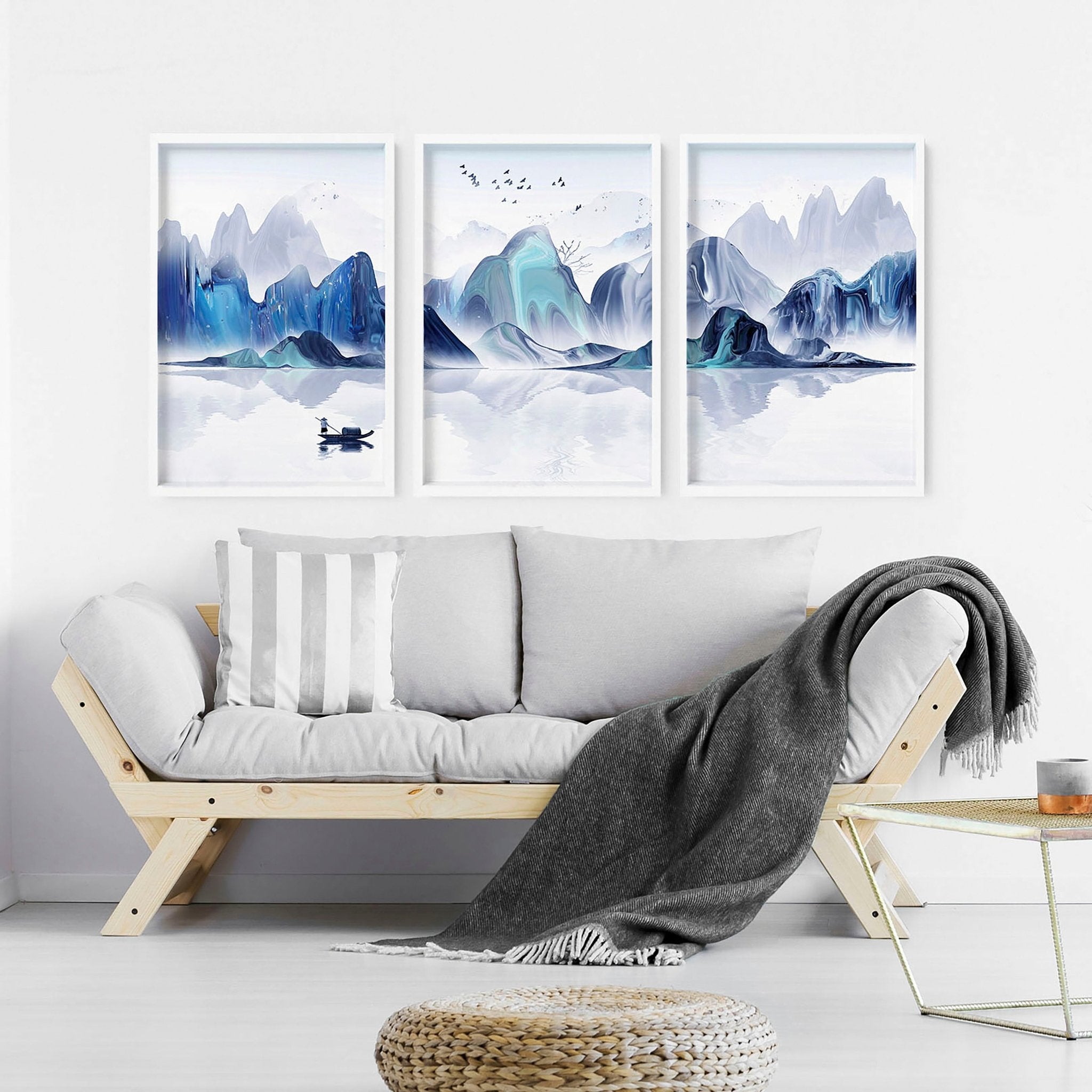 Set of 3 Japanese landscape art prints featuring serene teal and blue hues, showcasing tranquil nature scenes for a calming home decor.