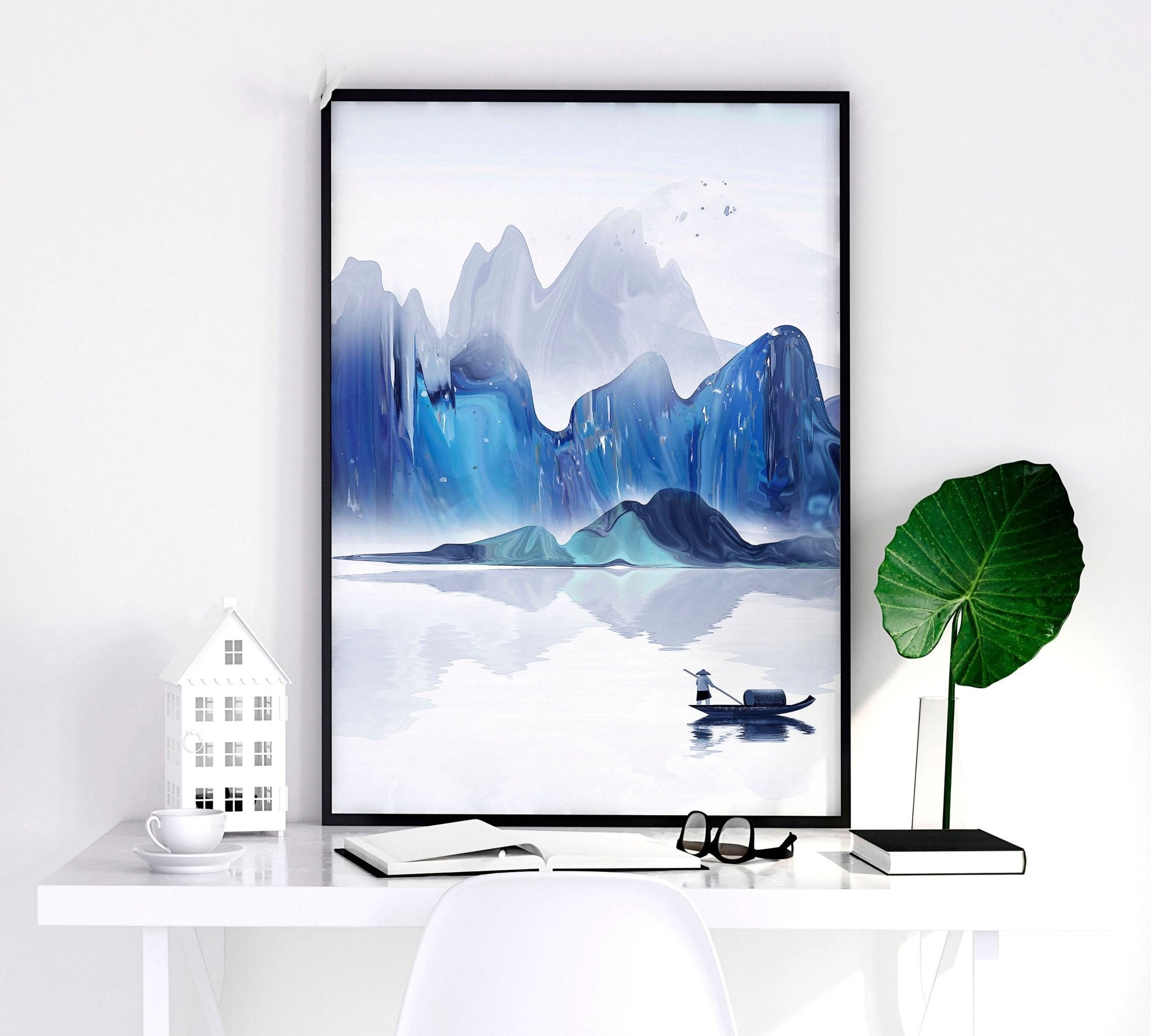 Set of 3 Japanese landscape art prints featuring serene teal and blue hues, showcasing tranquil nature scenes for a calming home decor.
