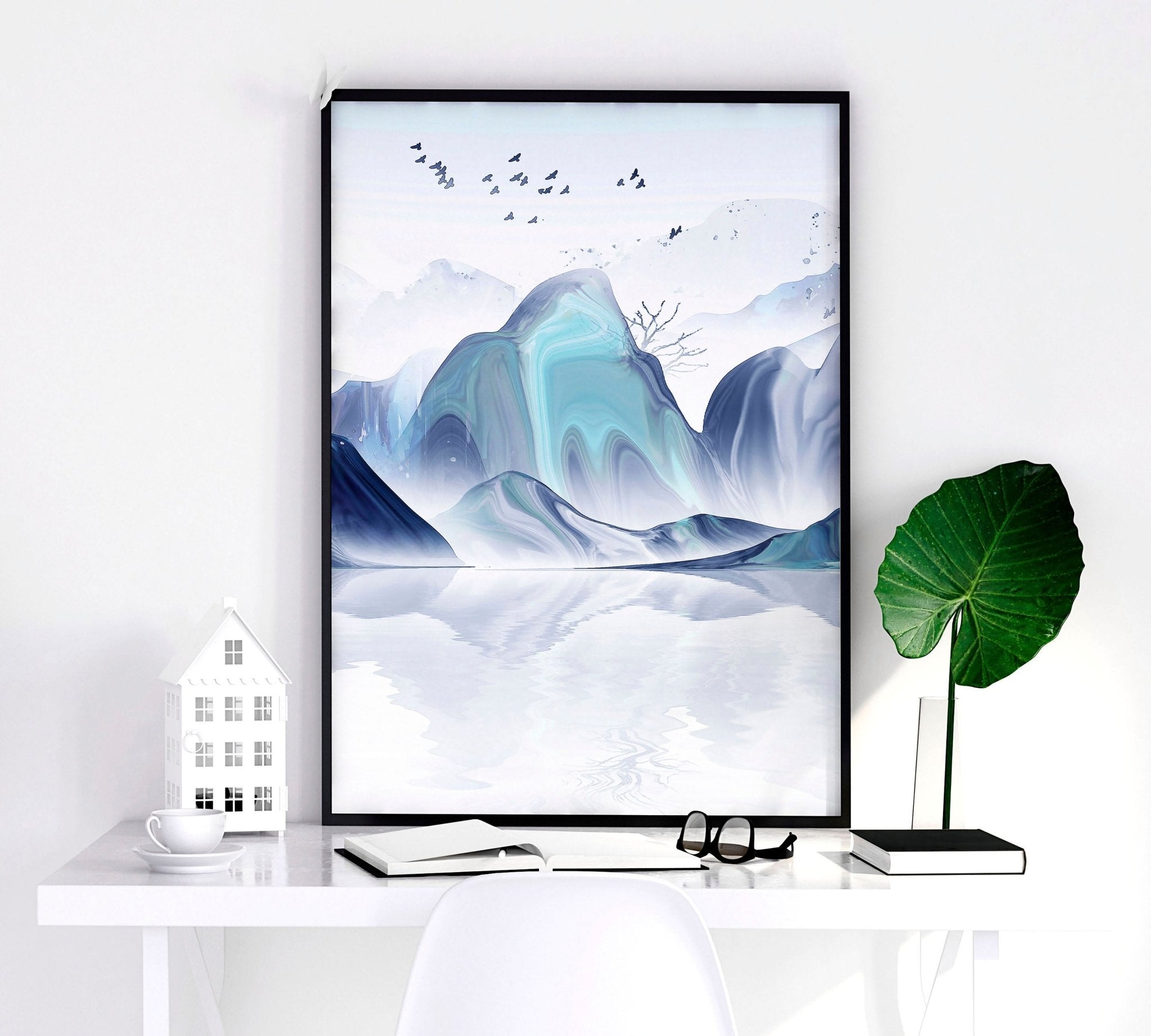 Set of 3 Japanese landscape art prints featuring serene teal and blue hues, showcasing tranquil nature scenes for a calming home decor.