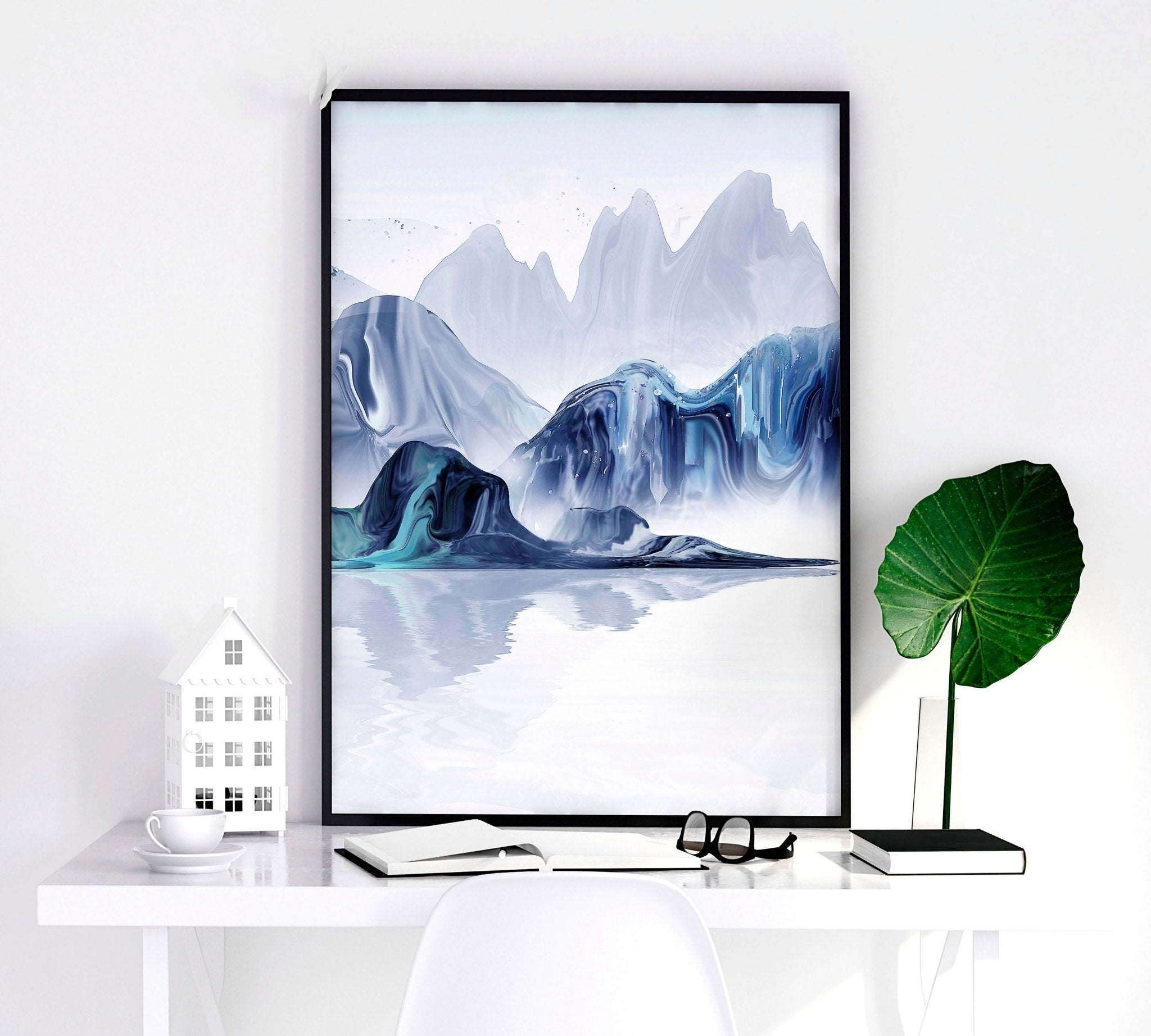 Set of 3 Japanese landscape art prints featuring serene teal and blue hues, showcasing tranquil nature scenes for a calming home decor.
