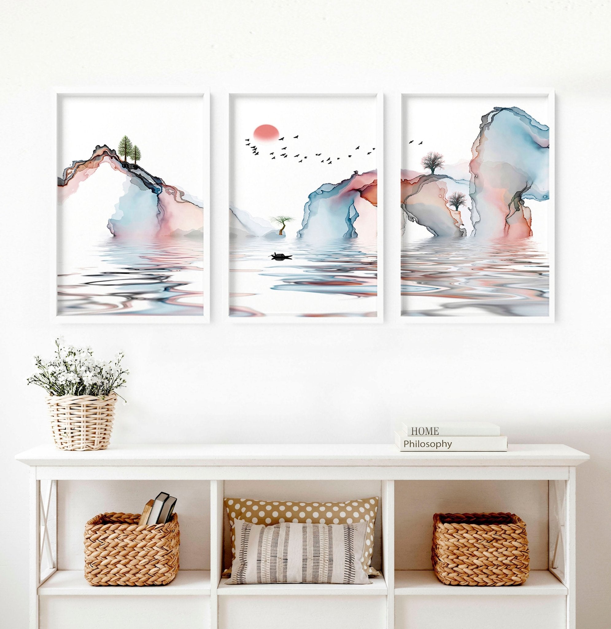 Set of 3 framed wall art prints featuring Japandi design in teal and coral tones, showcasing a blend of Japanese and Scandinavian aesthetics.