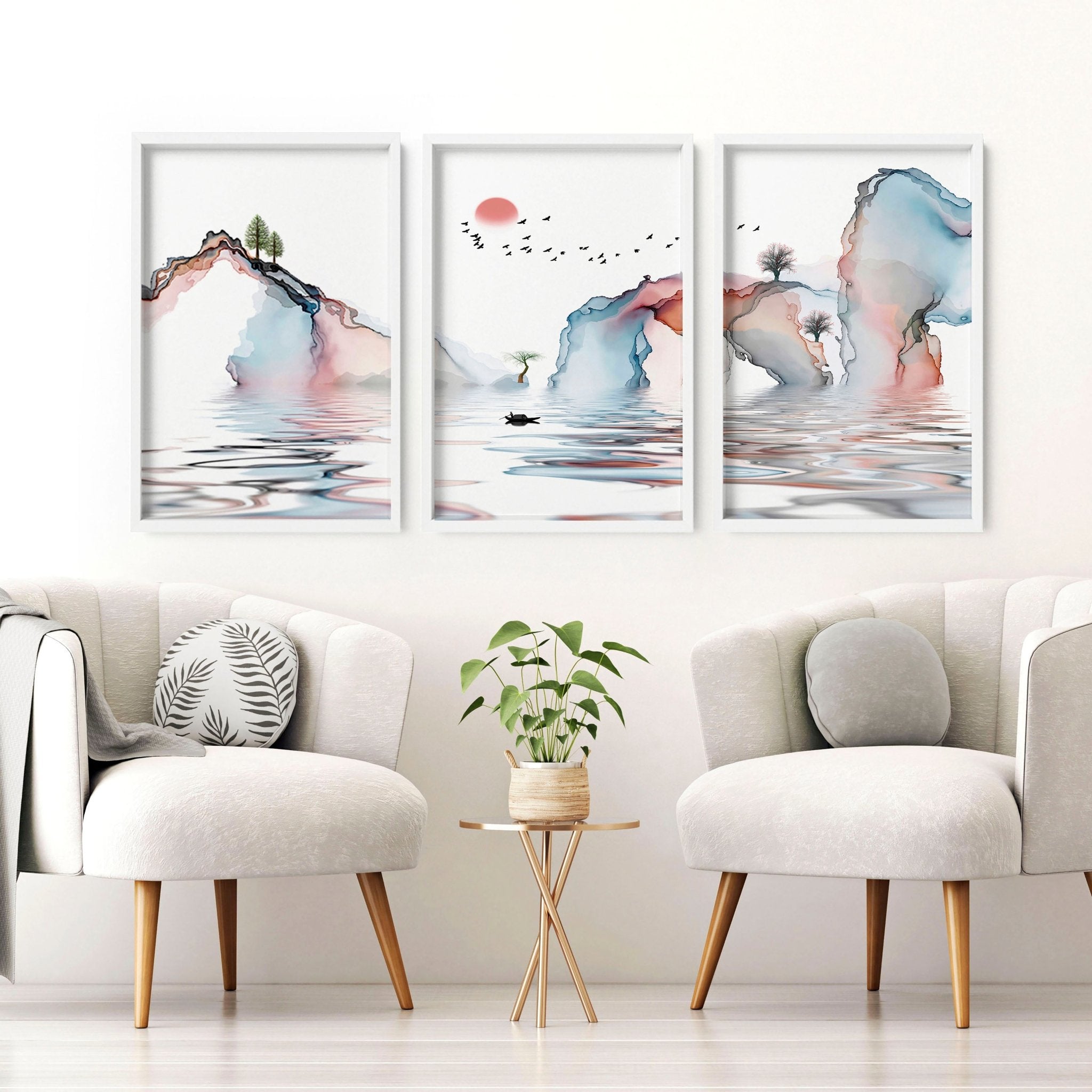 Set of 3 framed wall art prints featuring Japandi design in teal and coral tones, showcasing a blend of Japanese and Scandinavian aesthetics.