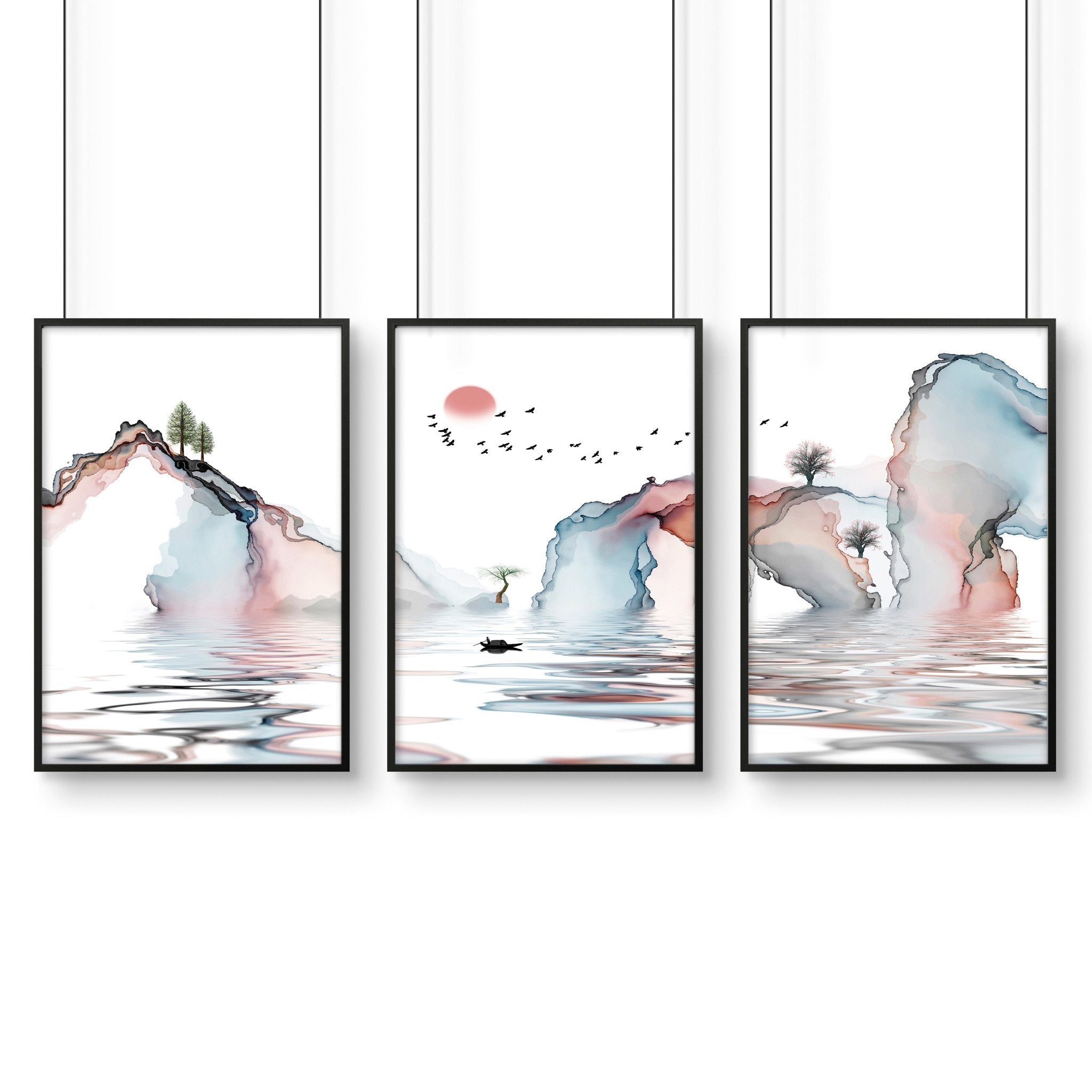 Set of 3 framed wall art prints featuring Japandi design in teal and coral tones, showcasing a blend of Japanese and Scandinavian aesthetics.