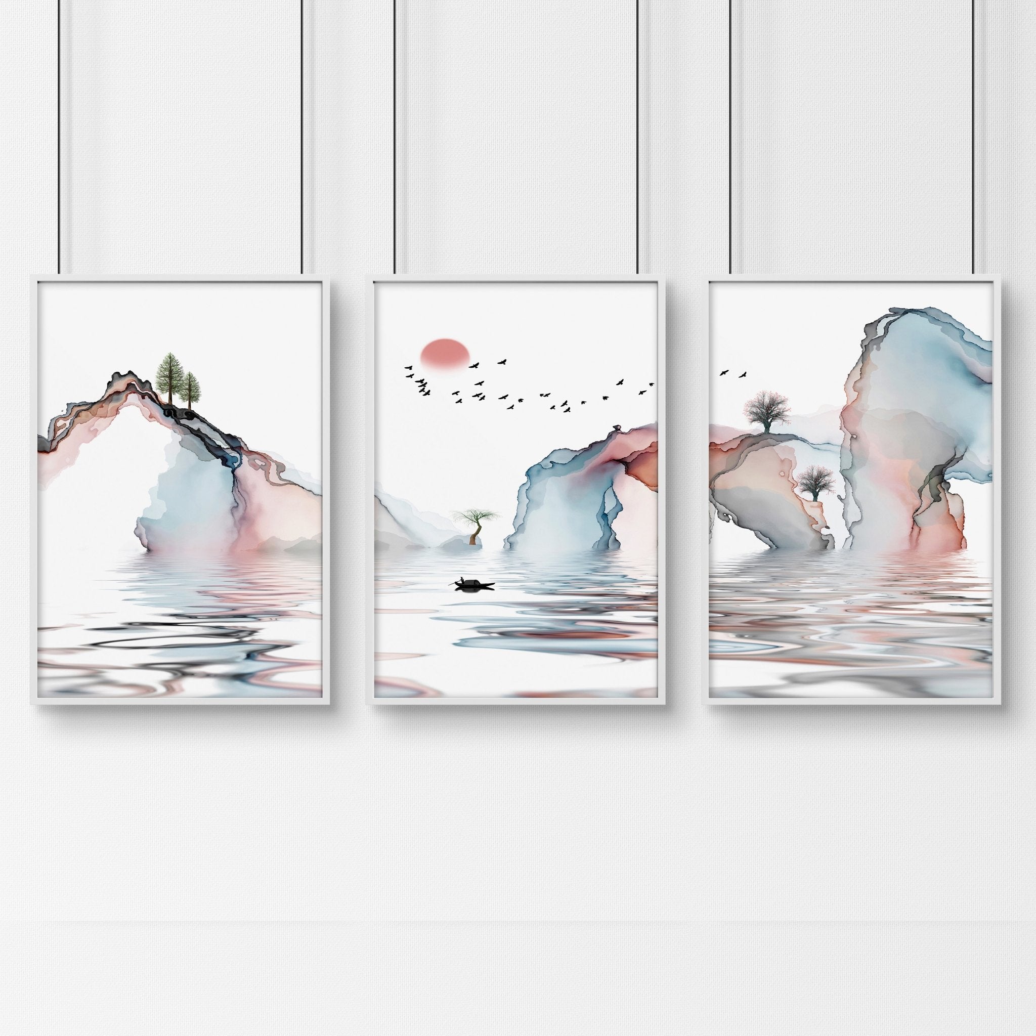 Set of 3 framed wall art prints featuring Japandi design in teal and coral tones, showcasing a blend of Japanese and Scandinavian aesthetics.