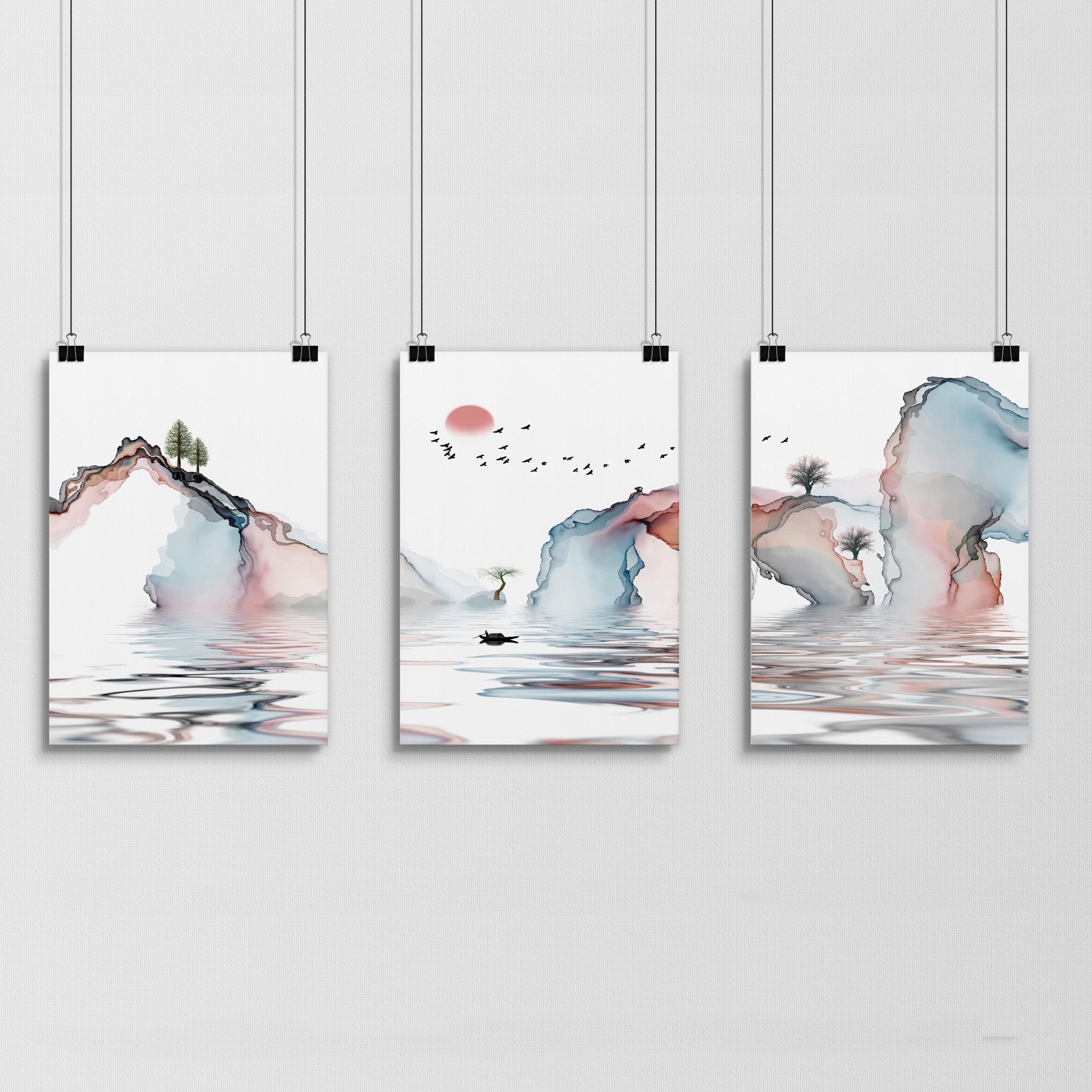 Set of 3 framed wall art prints featuring Japandi design in teal and coral tones, showcasing a blend of Japanese and Scandinavian aesthetics.