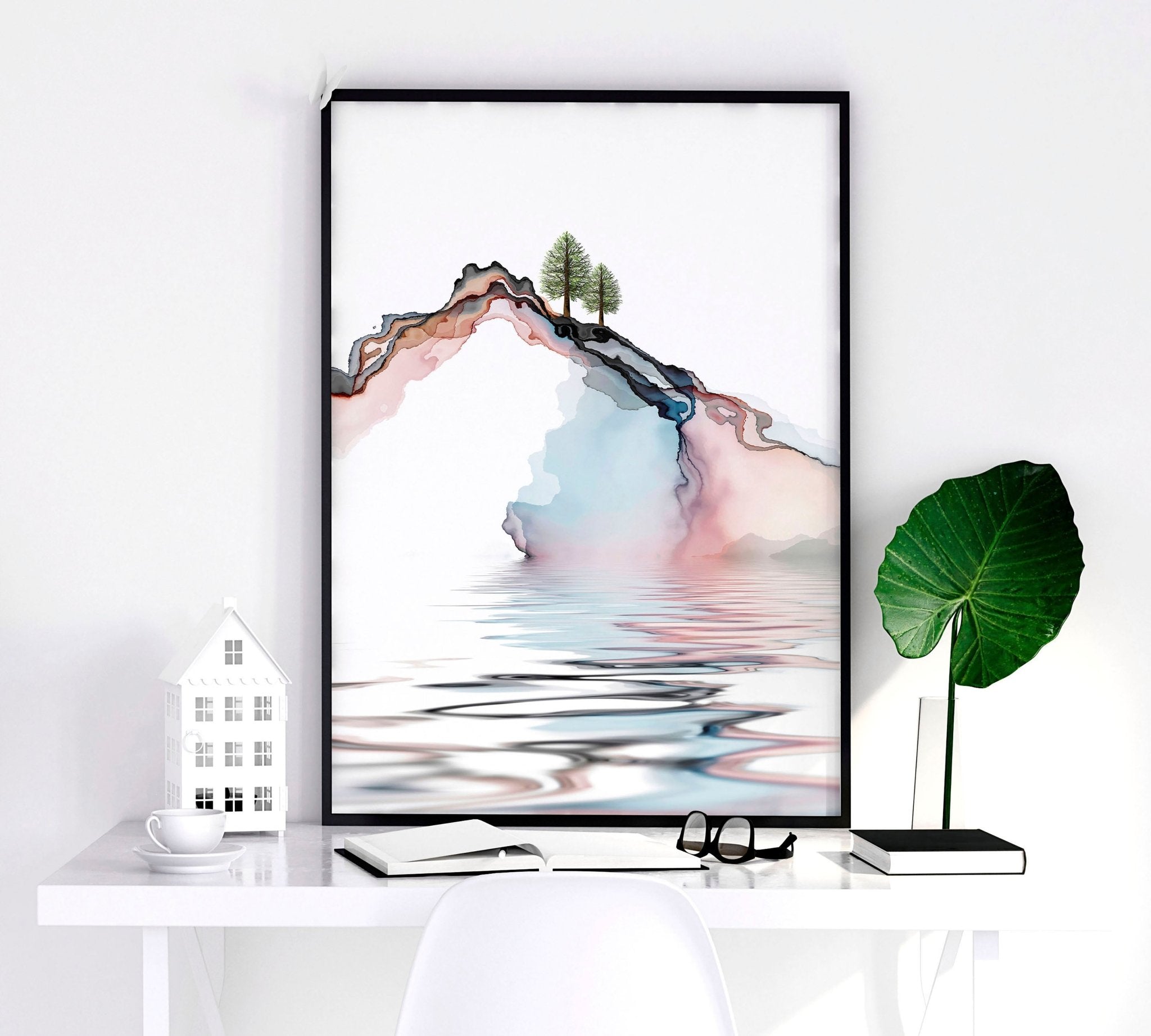 Set of 3 framed wall art prints featuring Japandi design in teal and coral tones, showcasing a blend of Japanese and Scandinavian aesthetics.