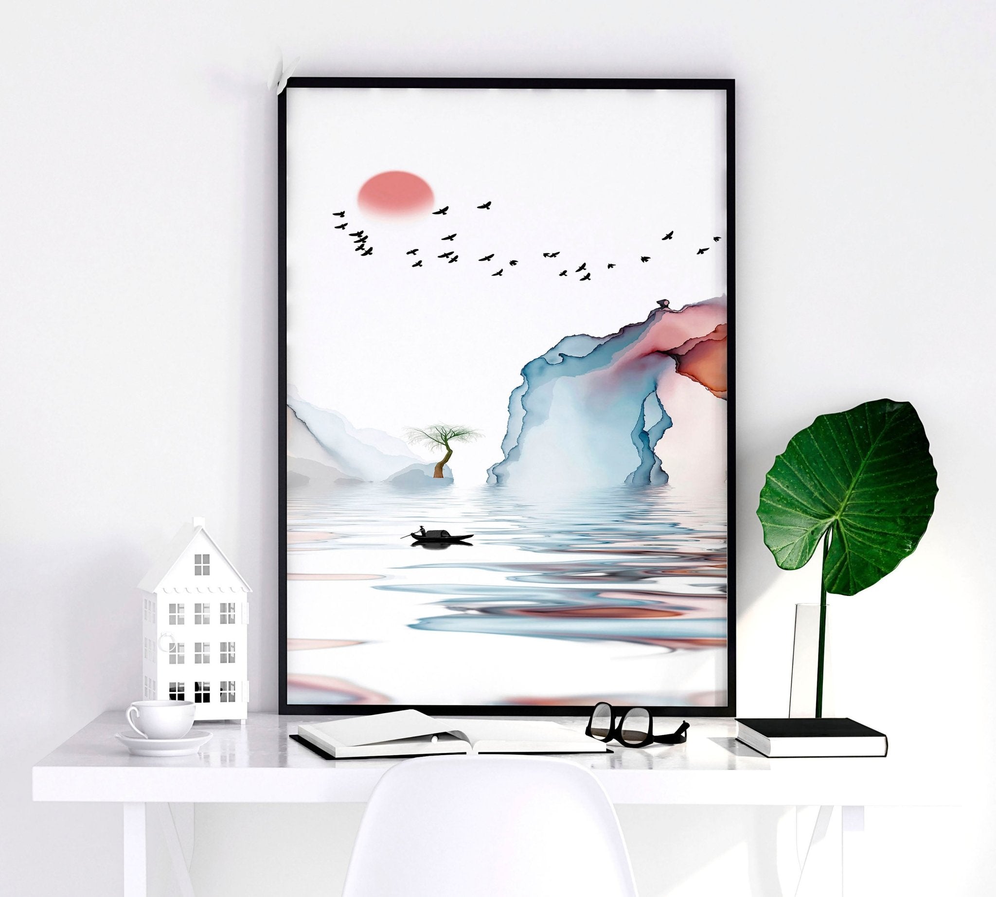 Set of 3 framed wall art prints featuring Japandi design in teal and coral tones, showcasing a blend of Japanese and Scandinavian aesthetics.