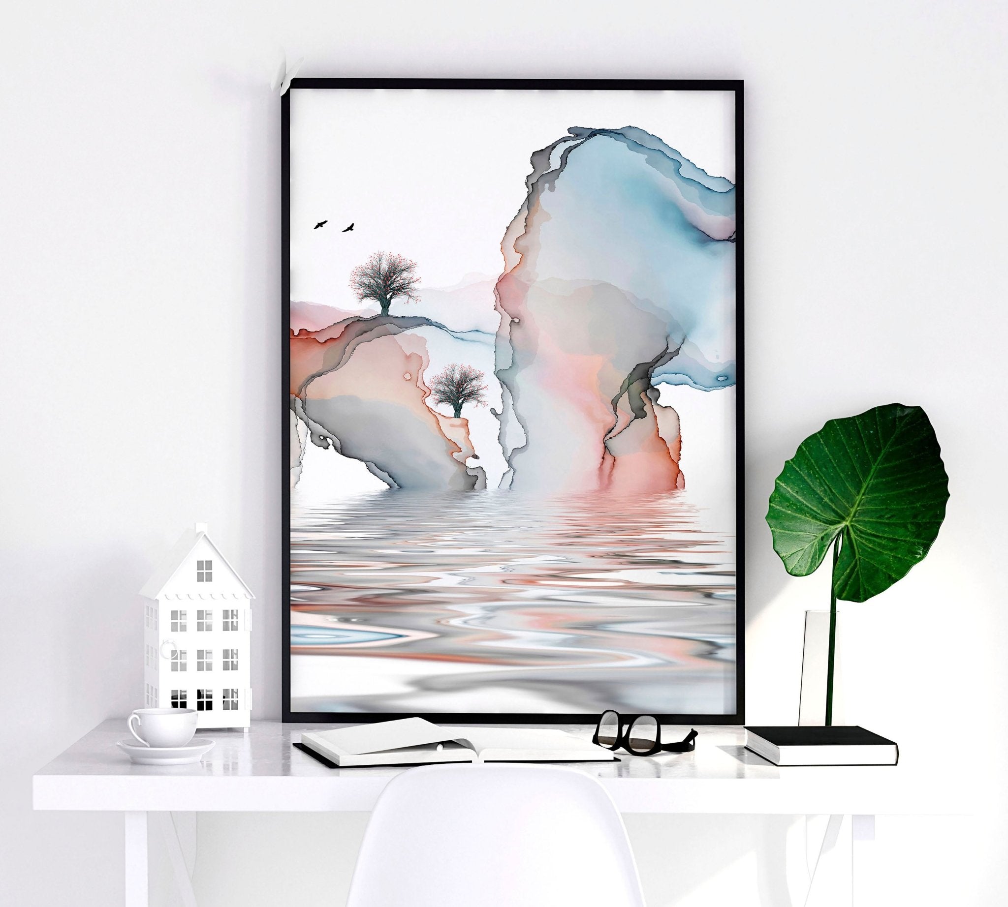 Set of 3 framed wall art prints featuring Japandi design in teal and coral tones, showcasing a blend of Japanese and Scandinavian aesthetics.