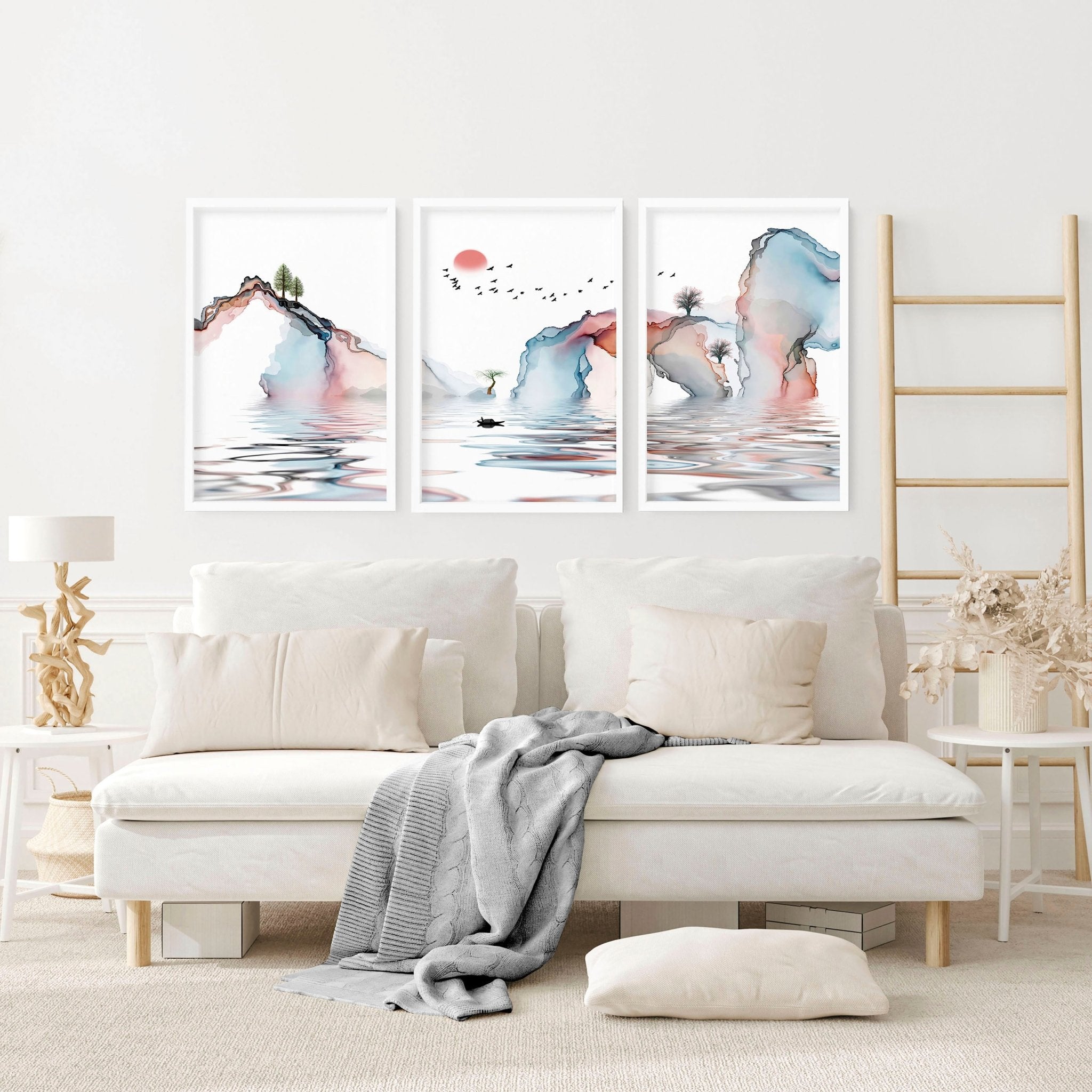 Set of 3 framed wall art prints featuring Japandi design in teal and coral tones, showcasing a blend of Japanese and Scandinavian aesthetics.
