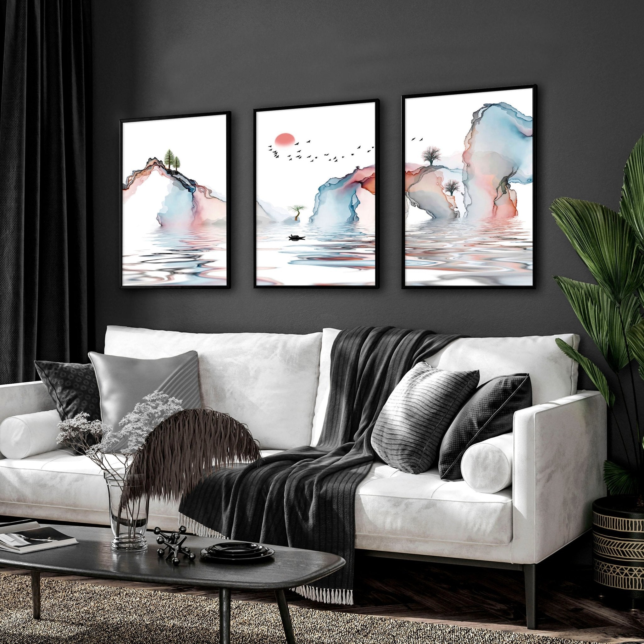 Set of 3 framed wall art prints featuring Japandi design in teal and coral tones, showcasing a blend of Japanese and Scandinavian aesthetics.