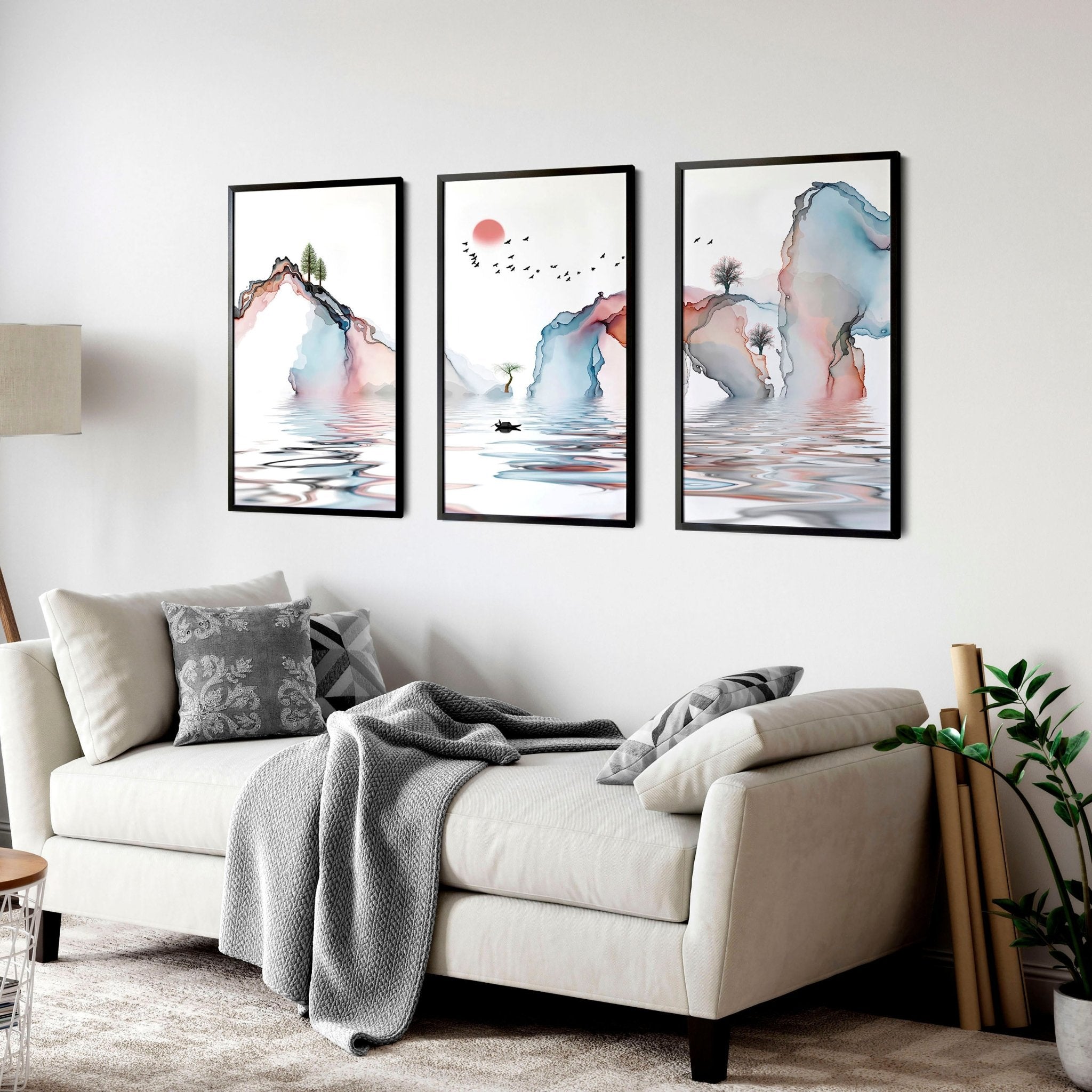 Set of 3 framed wall art prints featuring Japandi design in teal and coral tones, showcasing a blend of Japanese and Scandinavian aesthetics.