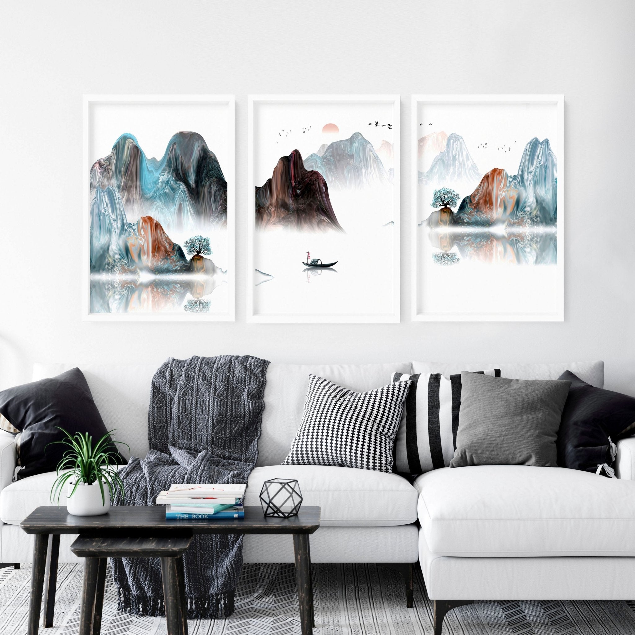 Set of 3 Japandi wall art prints featuring serene Japanese sunset landscapes in teal and brown colors, perfect for living room decor.