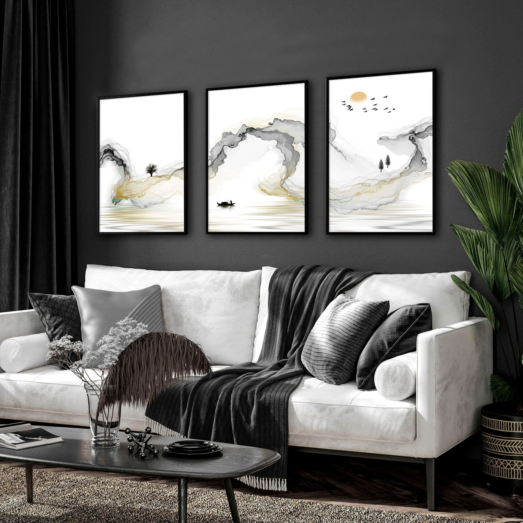 Set of 3 framed Japanese art wall prints featuring contemporary Asian designs in vibrant lime and greyscale colors.