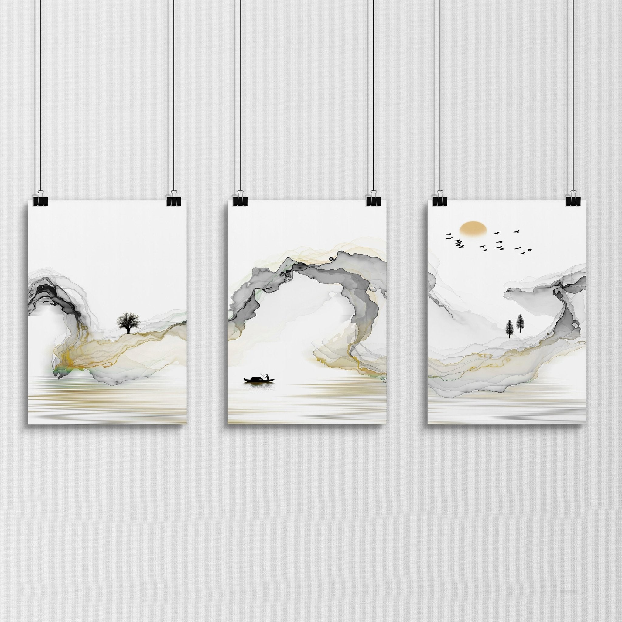 Set of 3 framed Japanese art wall prints featuring contemporary Asian designs in vibrant lime and greyscale colors.