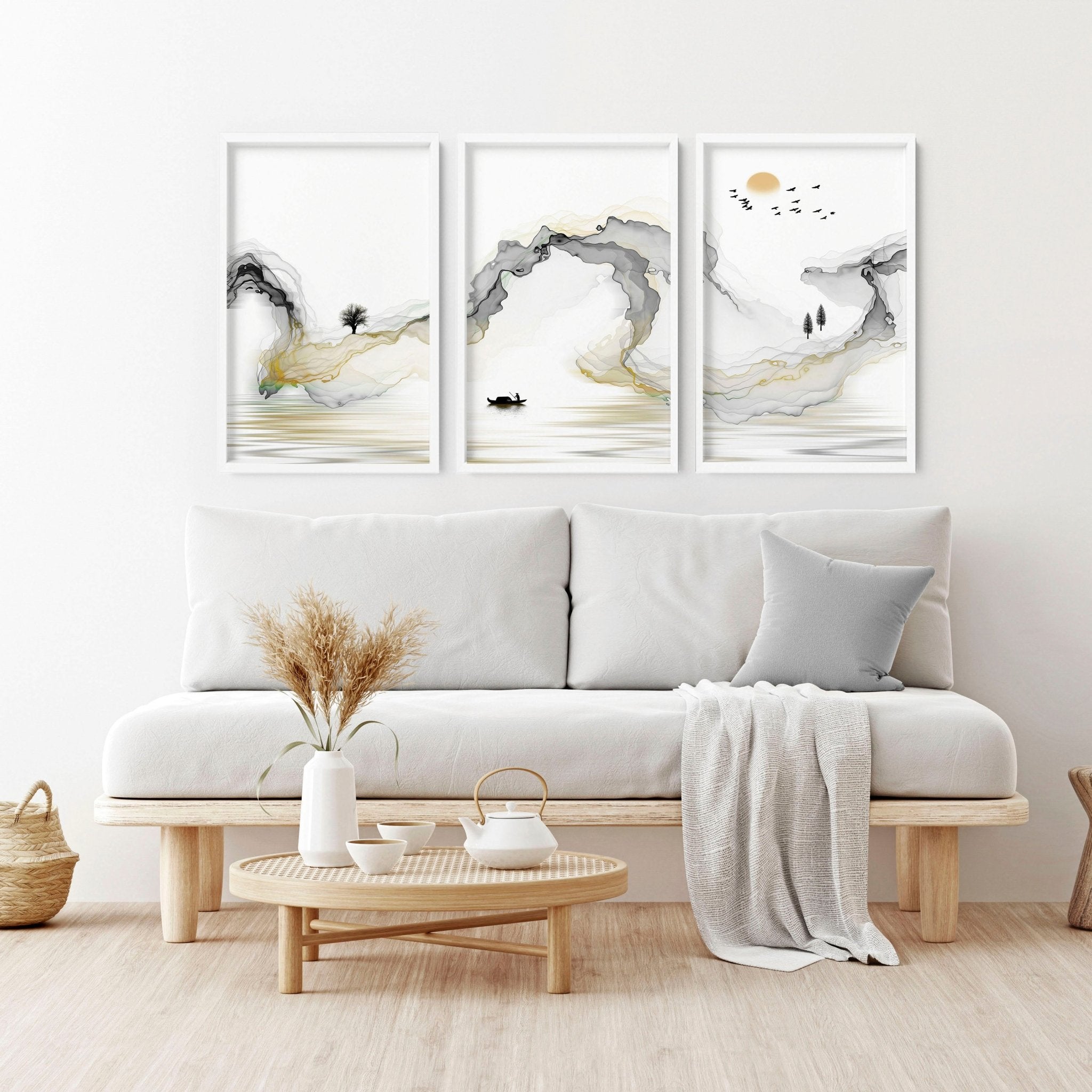 Set of 3 framed Japanese art wall prints featuring contemporary Asian designs in vibrant lime and greyscale colors.